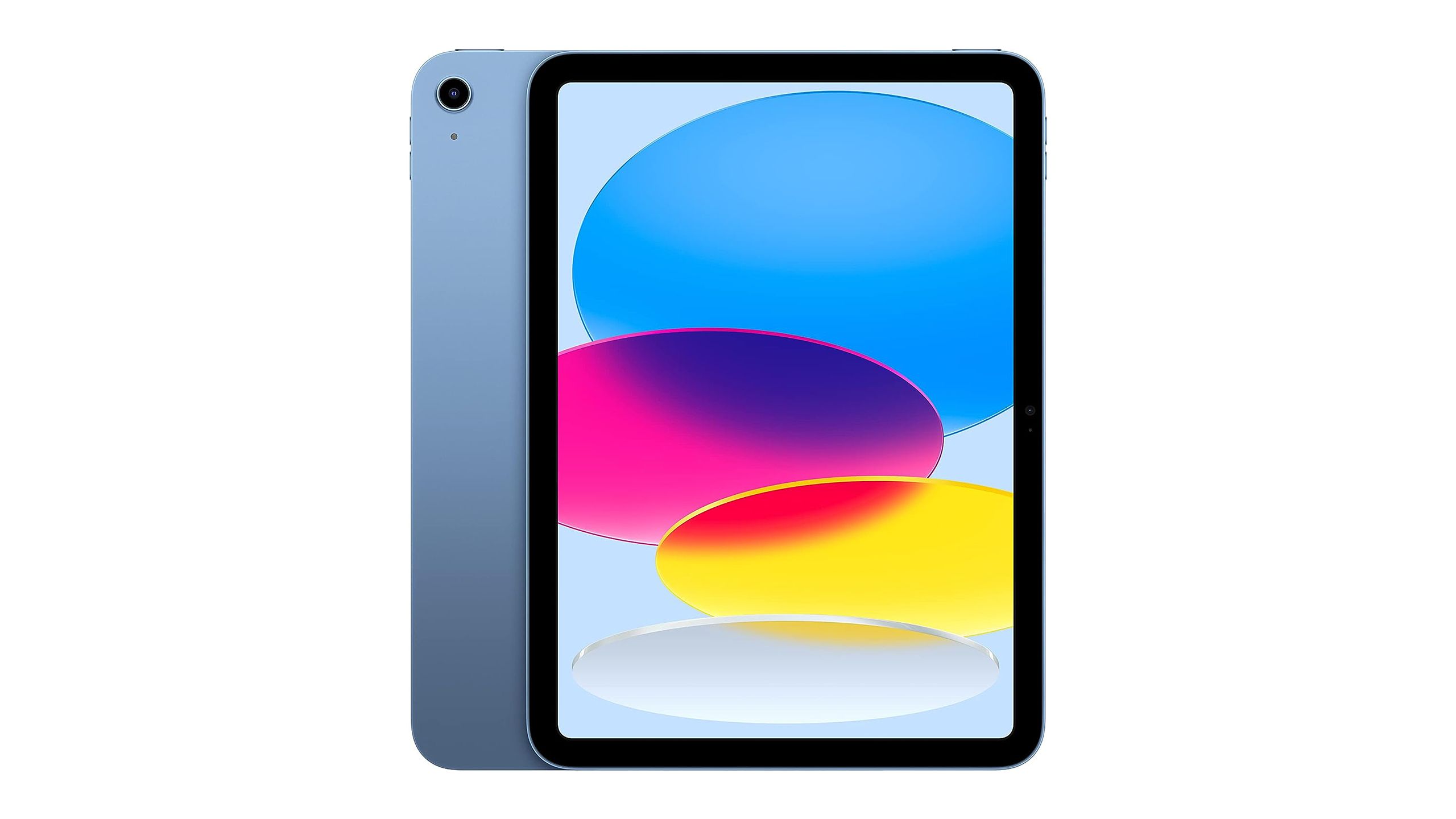 Un Apple iPad 10e édition bleu est placé sur un fond blanc. 