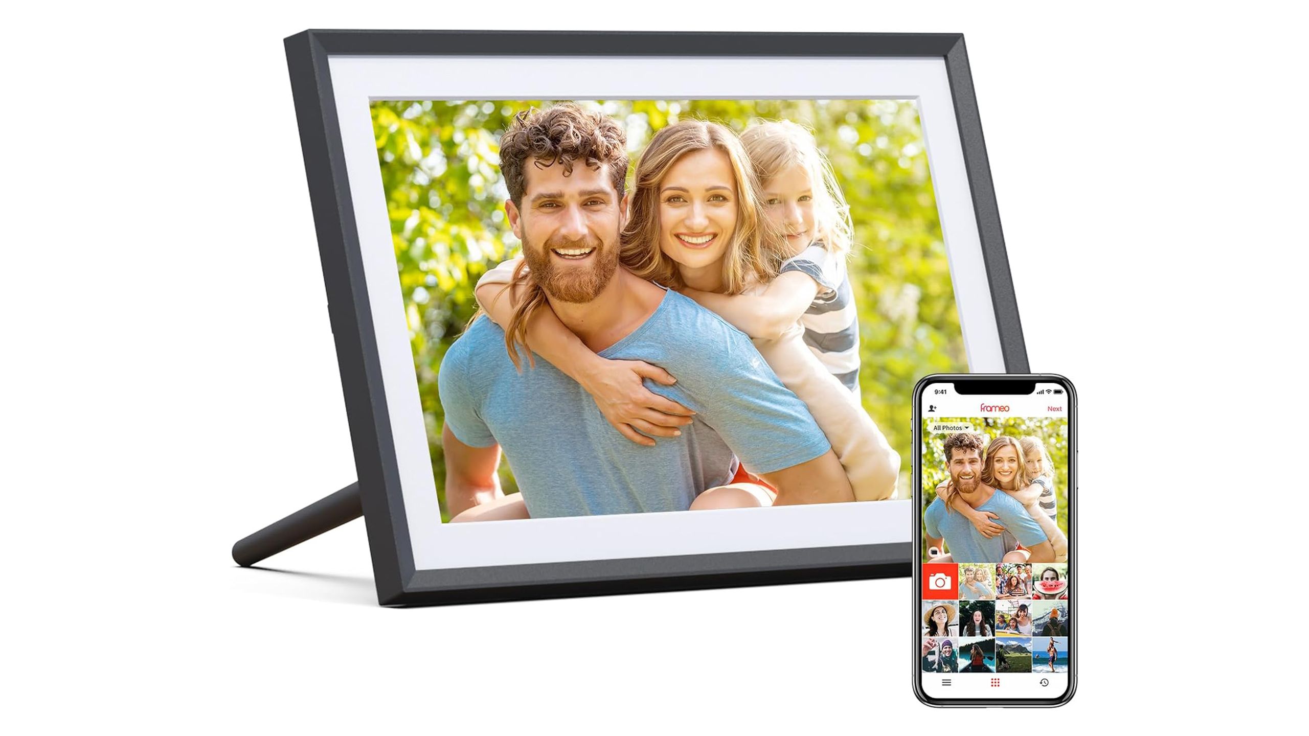 The Arzopa Frameo digital picture frame with a phone against a white background. 