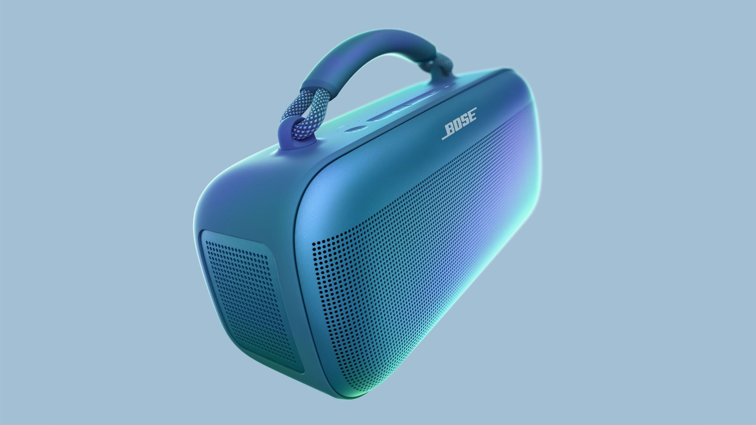 The blue Bose SoundLink Max speaker against a solid baby blue background.