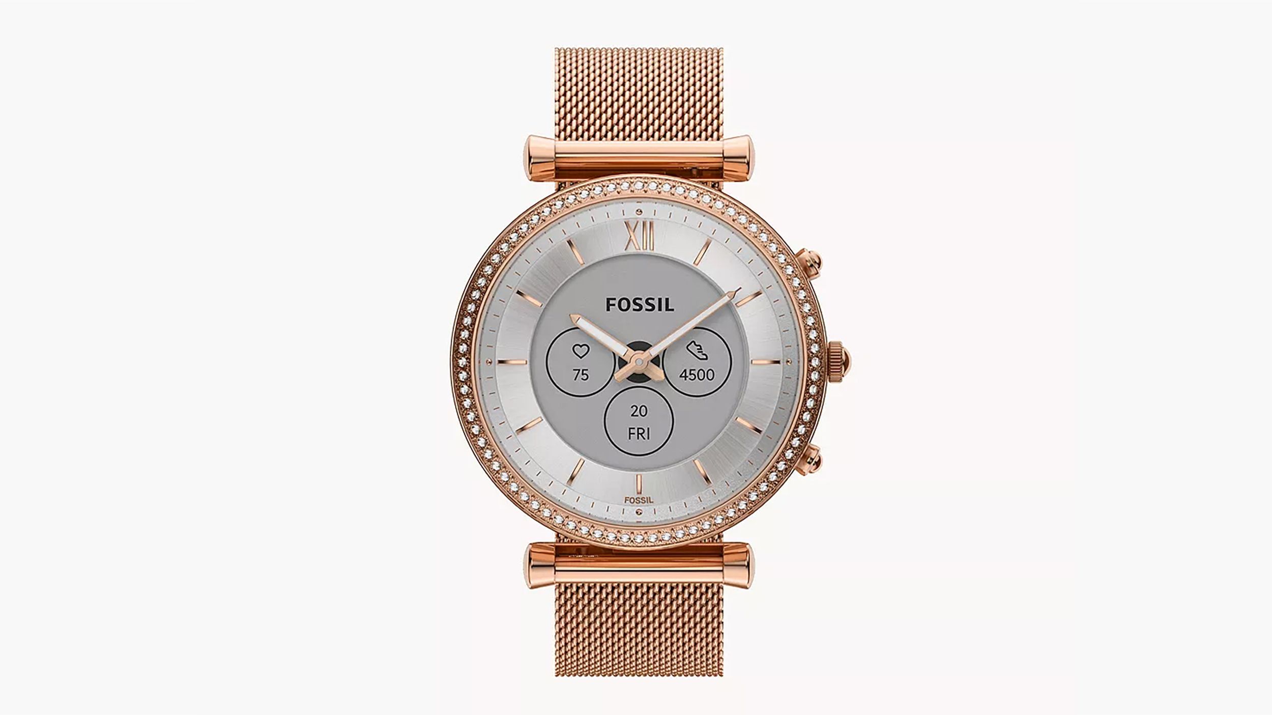 The Fossil Carlie Gen 6 Hybrid Smartwatch against a white background.