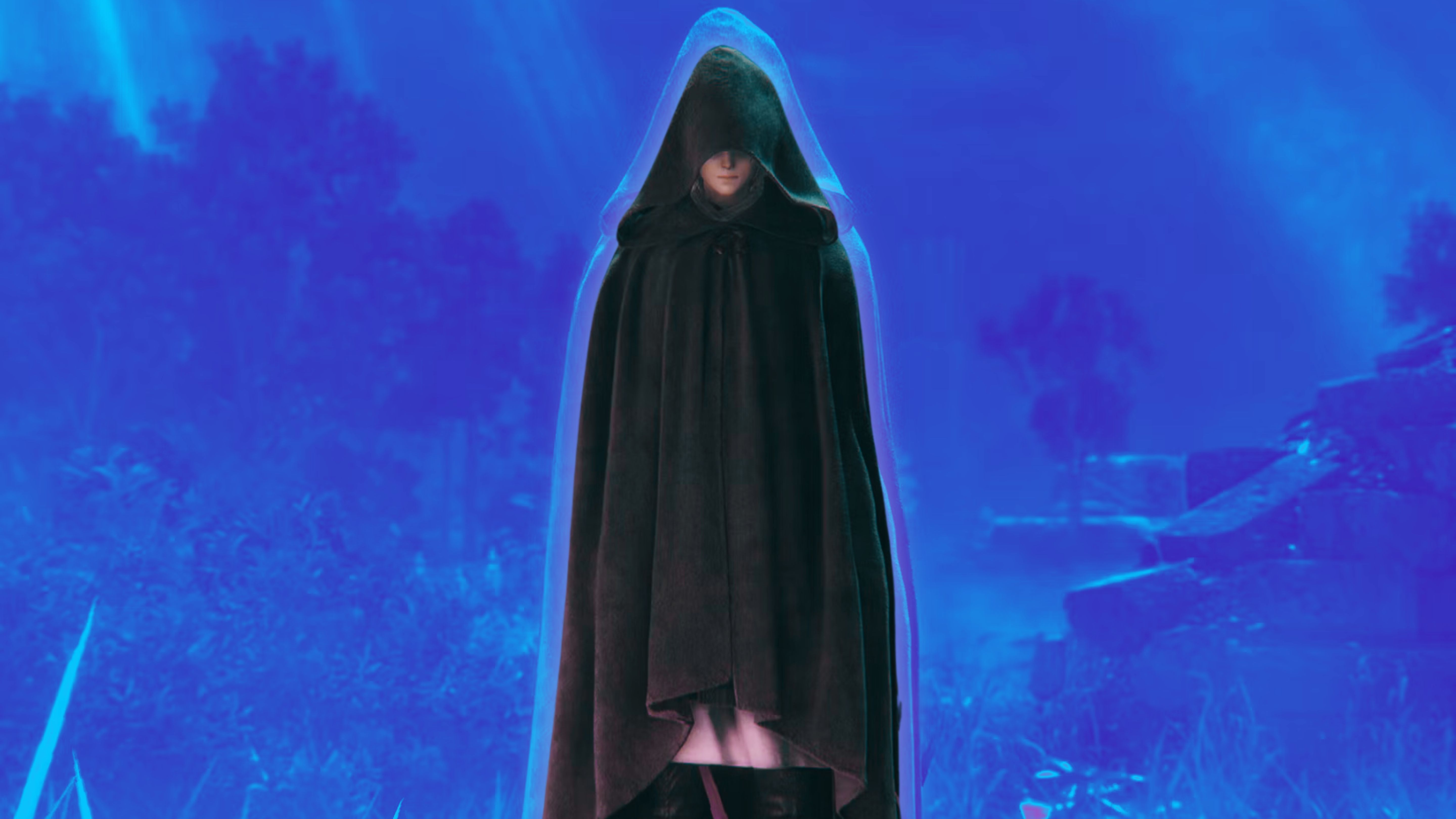 Elden Ring character with a dark cloak on.