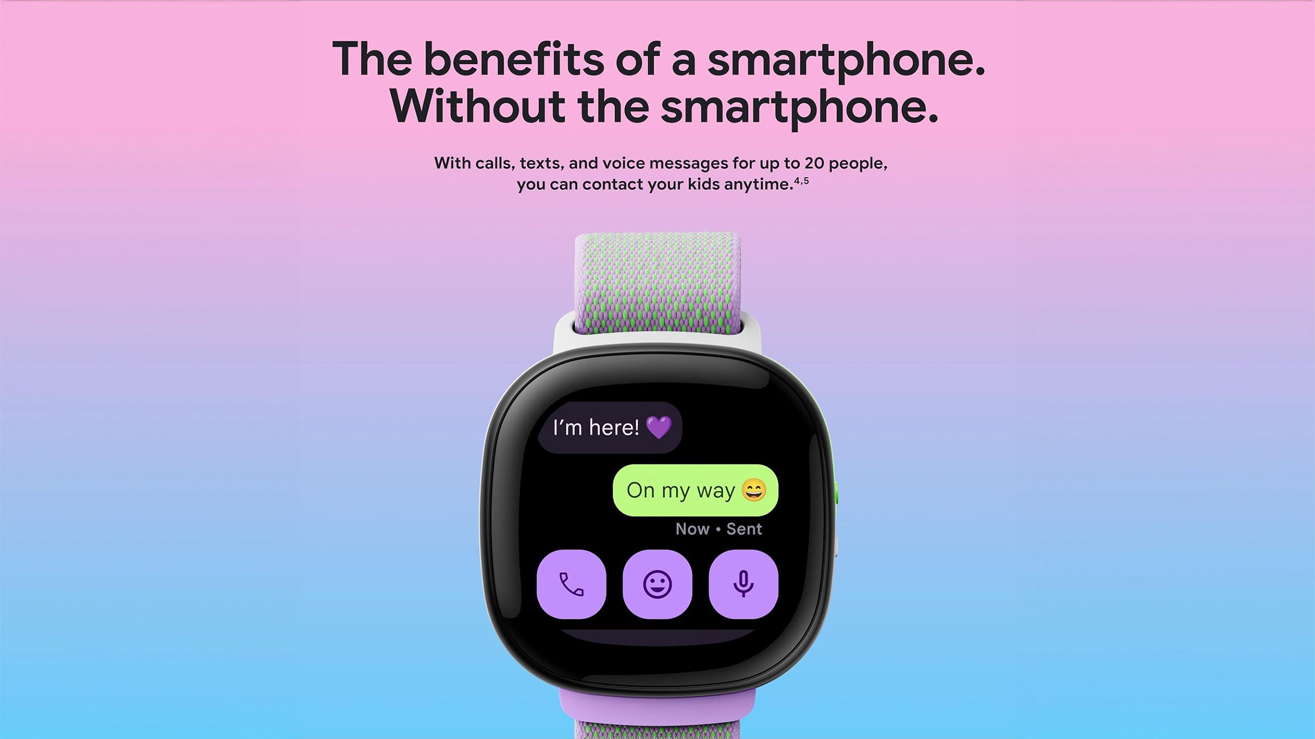 The Fitbit Ace LTE smartwatch against a purple to blue gradient with text about the smartphone features. 