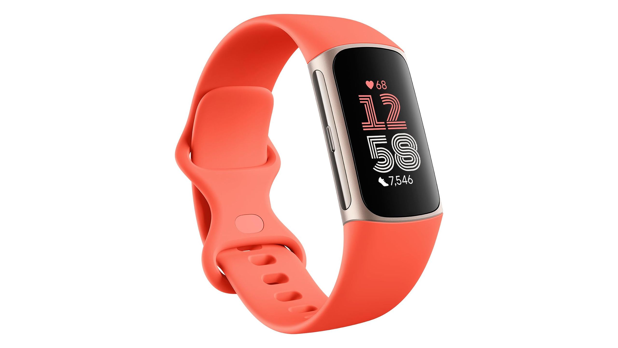 The orange Fitbit Charge 6 against a white background. 