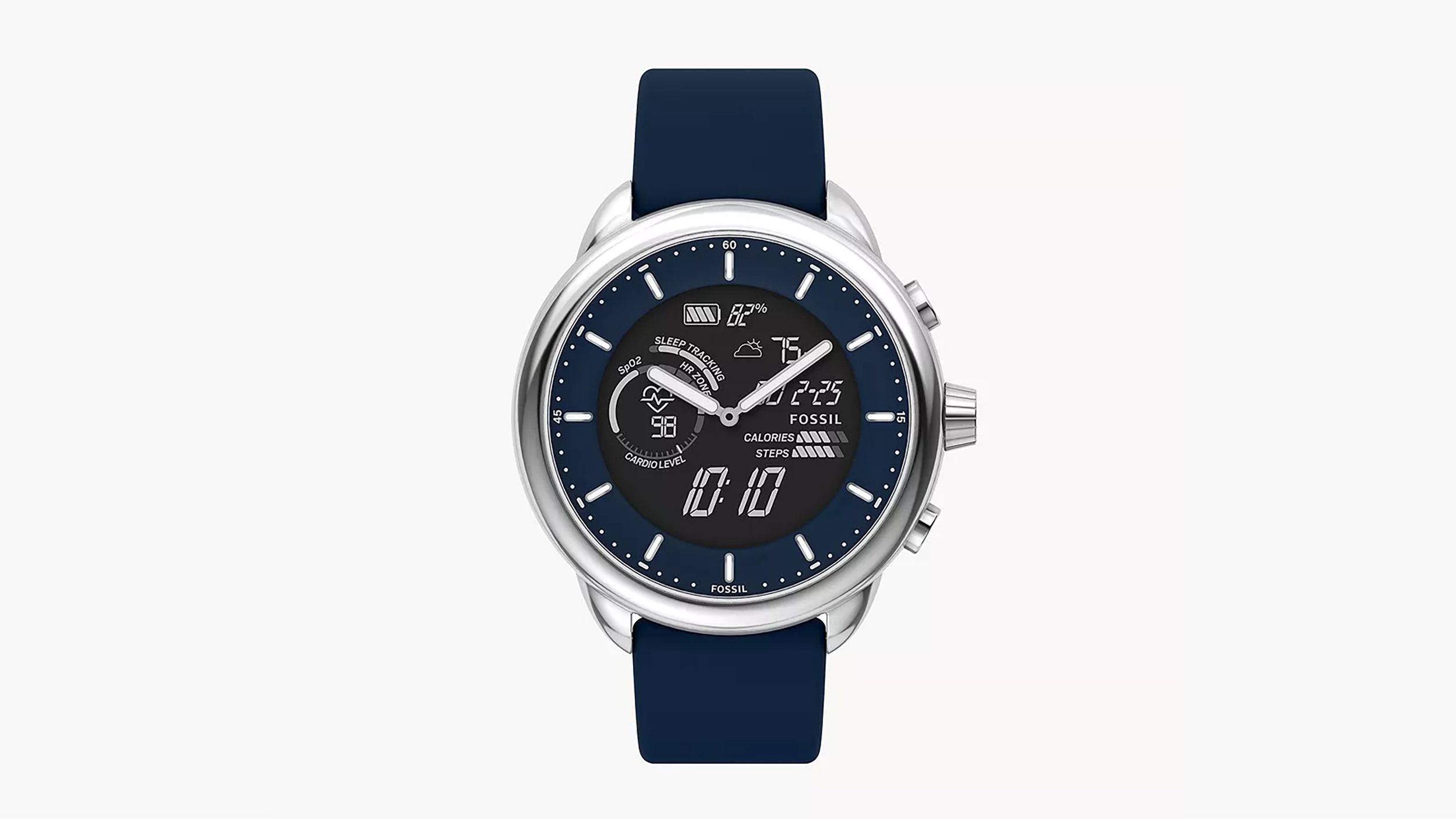 The Fossil Gen 6 Wellness Edition Hybrid Smartwatch Navy Silicone against a white background.