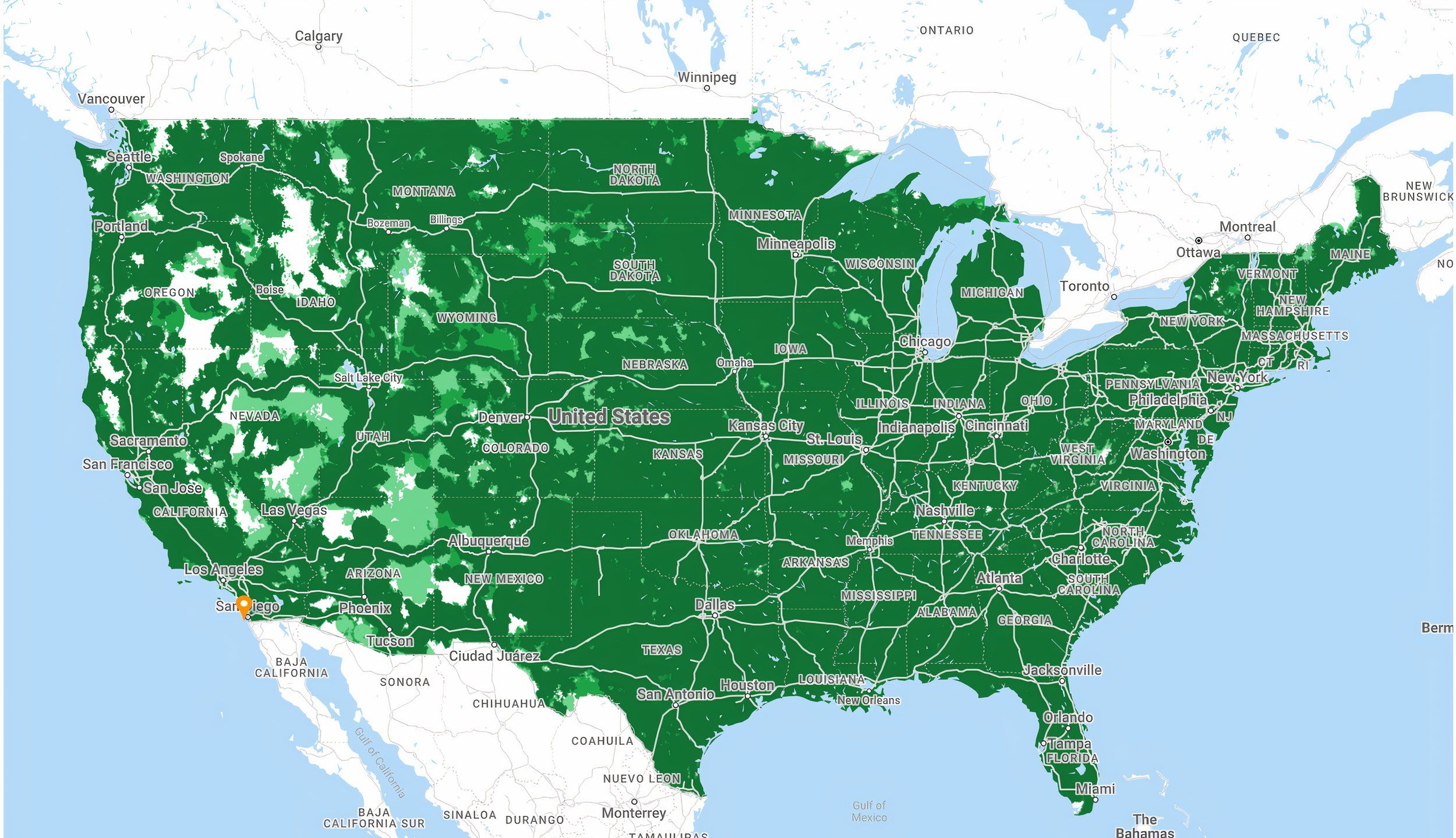 The Google Fi Wireless coverage map in the United States.