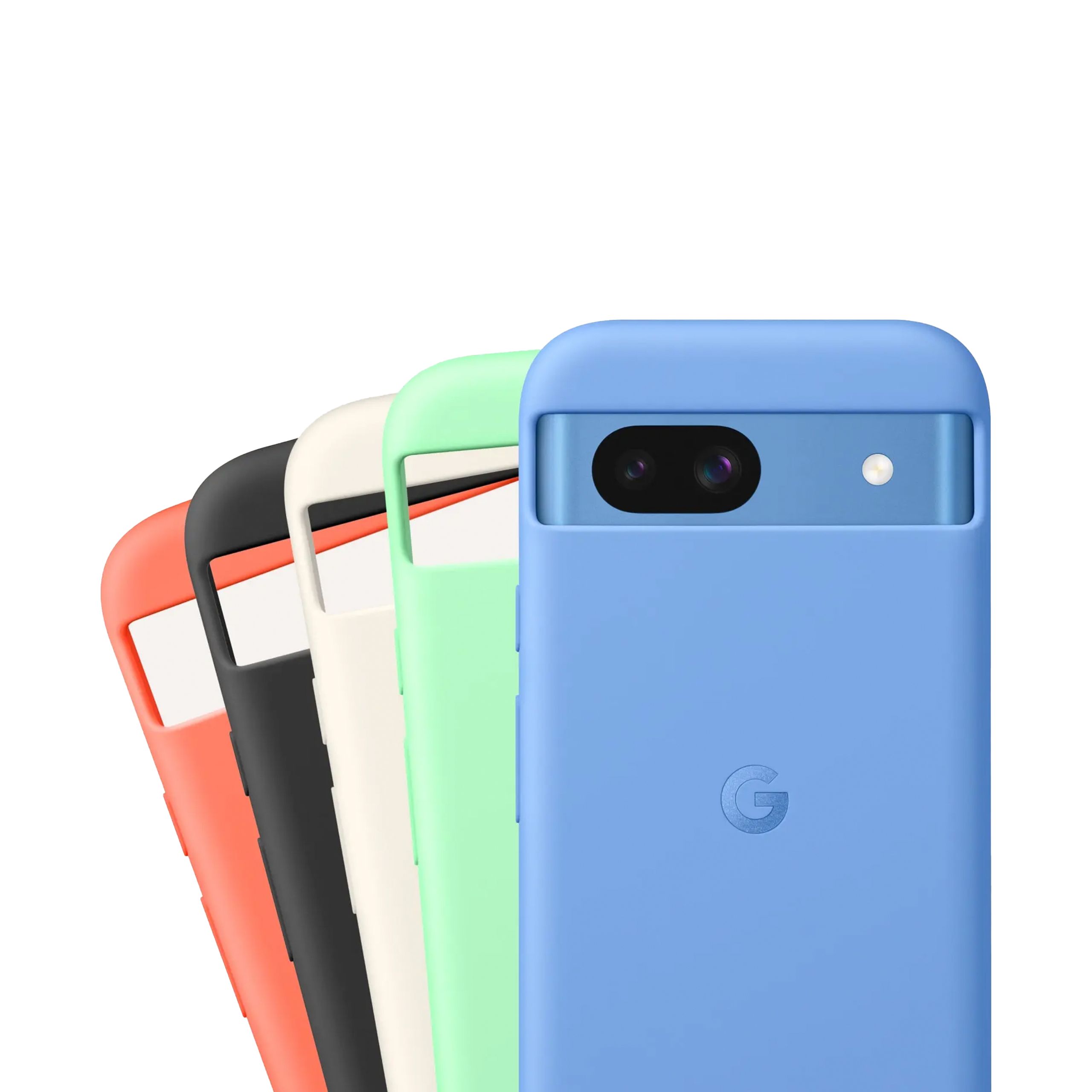 An orange, black, white, green, and blue version of the official Google Pixel 8a case against a white background.