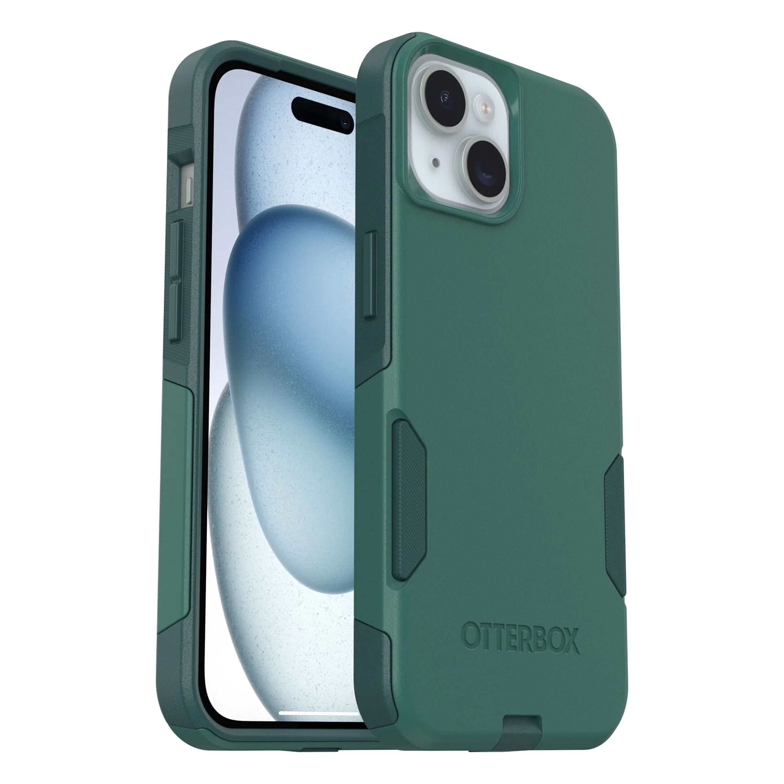 The green Otterbox Commuter Series for iPhone 15 against a white background. 