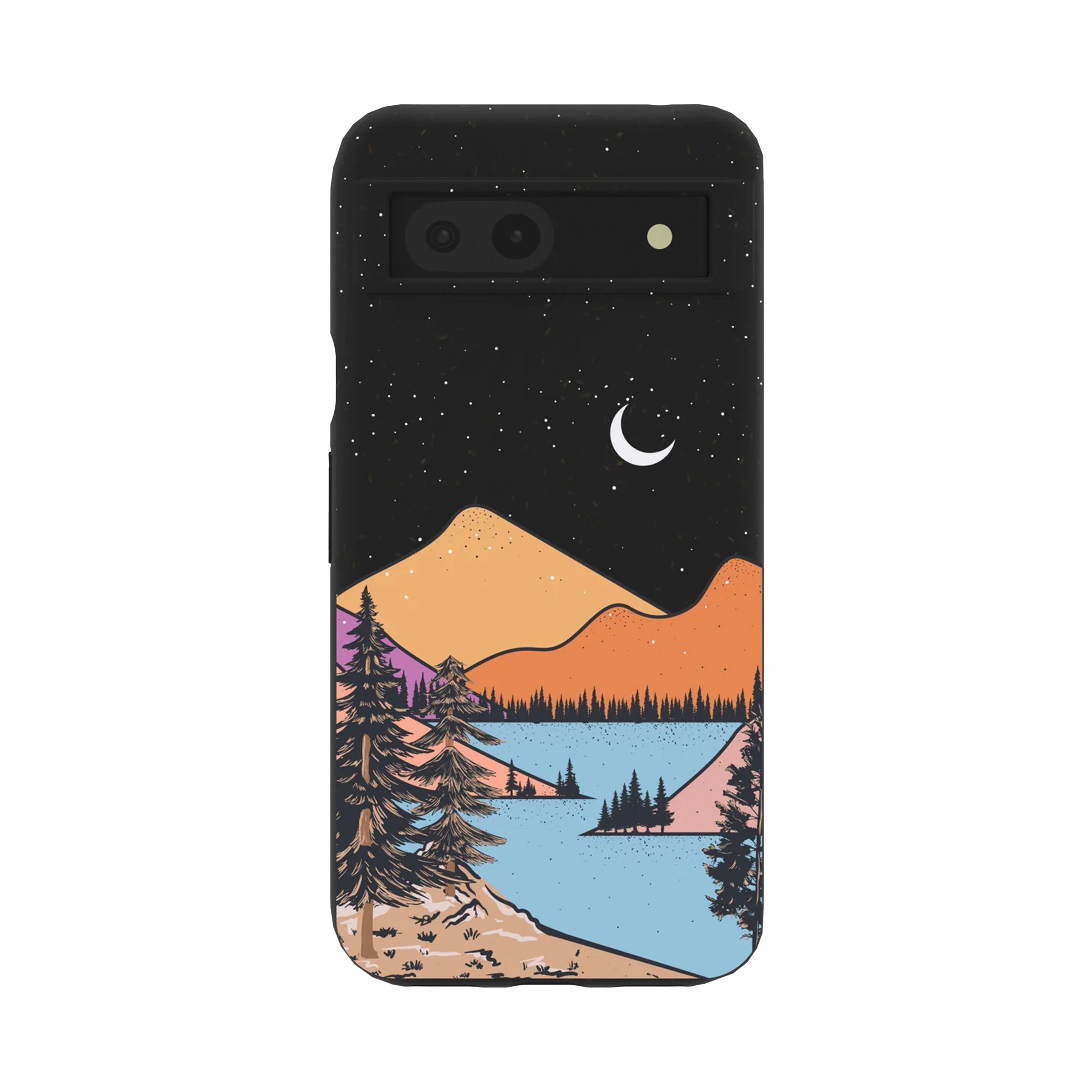 The Pela phone case with mountain lake landscape illustration against a white background.