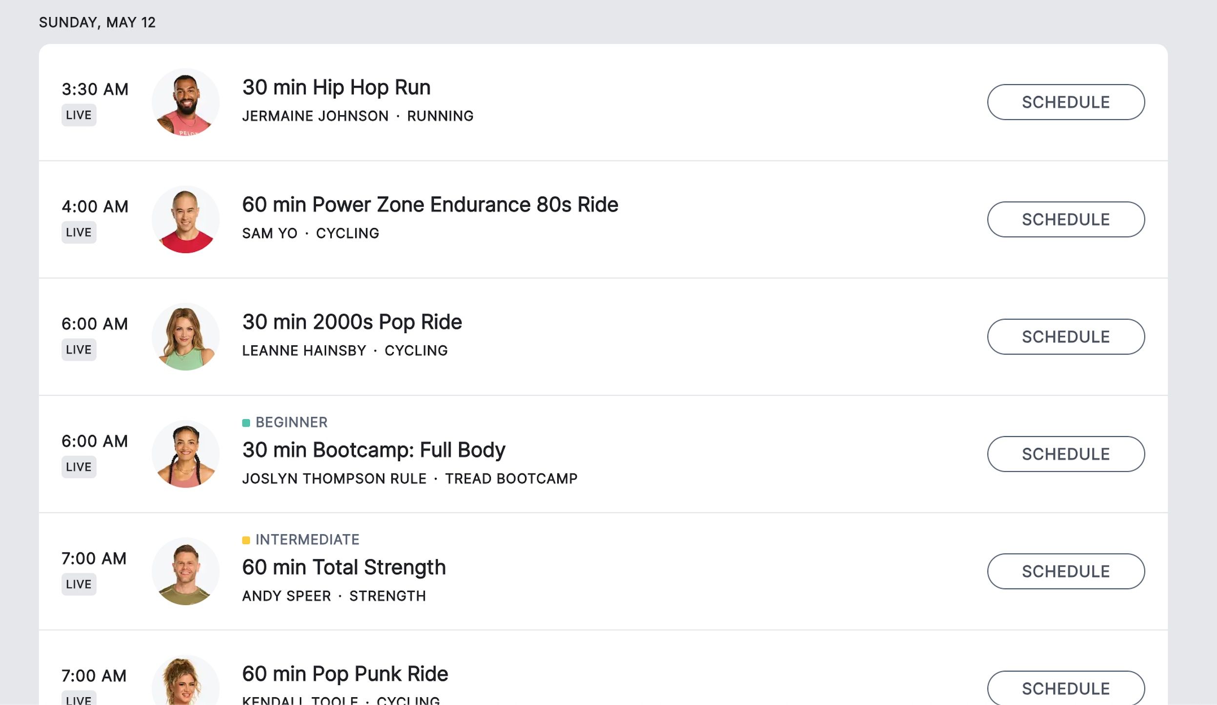 Peloton's live class schedule on the mobile app