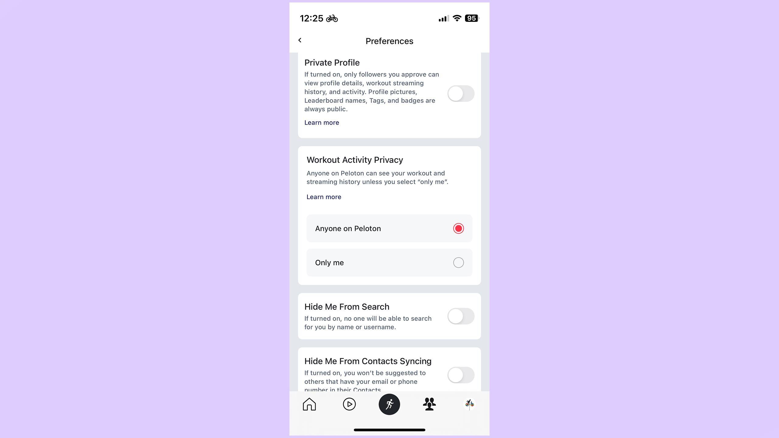 a screenshot of the Peloton App user privacy settings