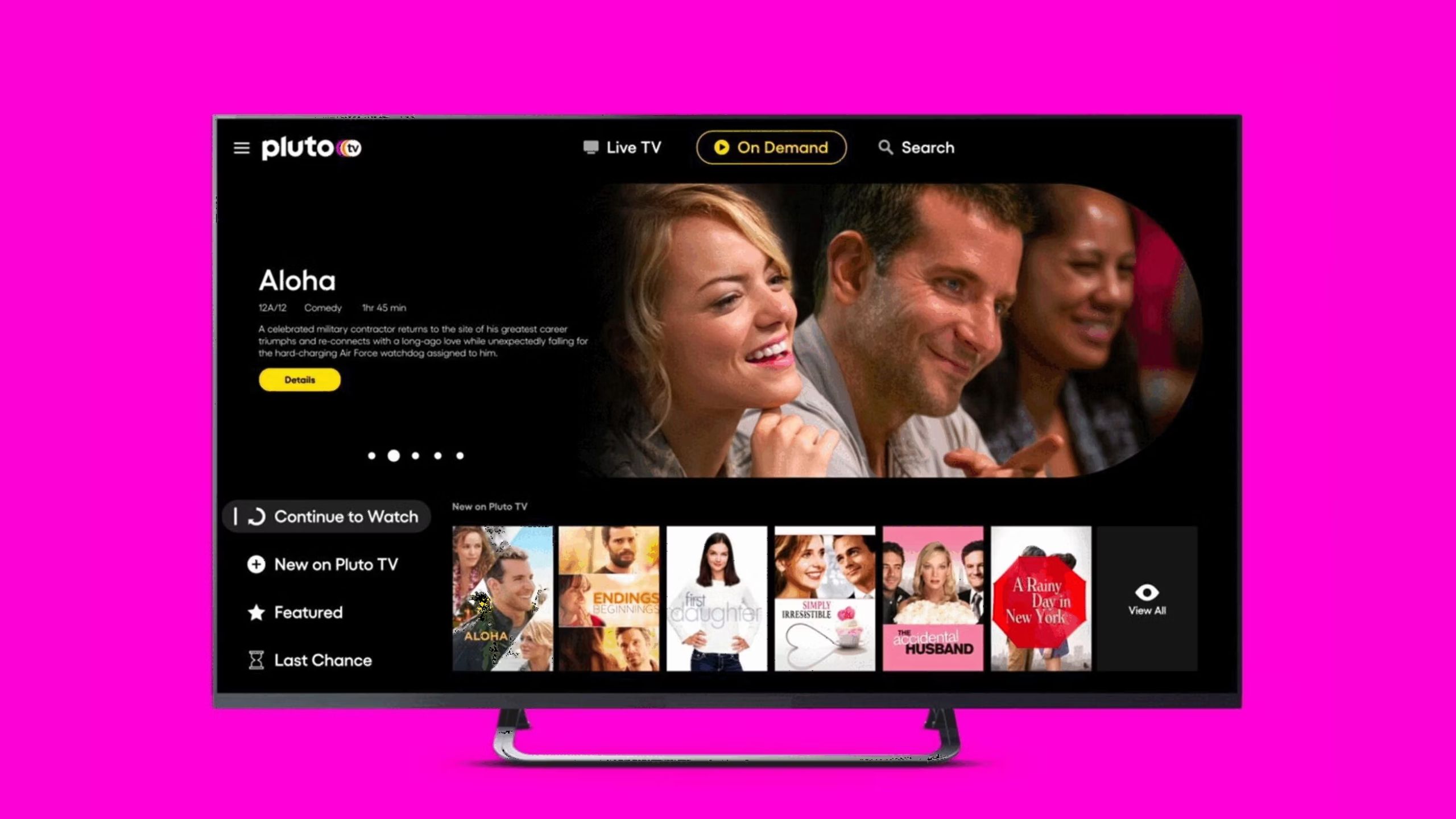 Pluto TV mockup against a pink background. 
