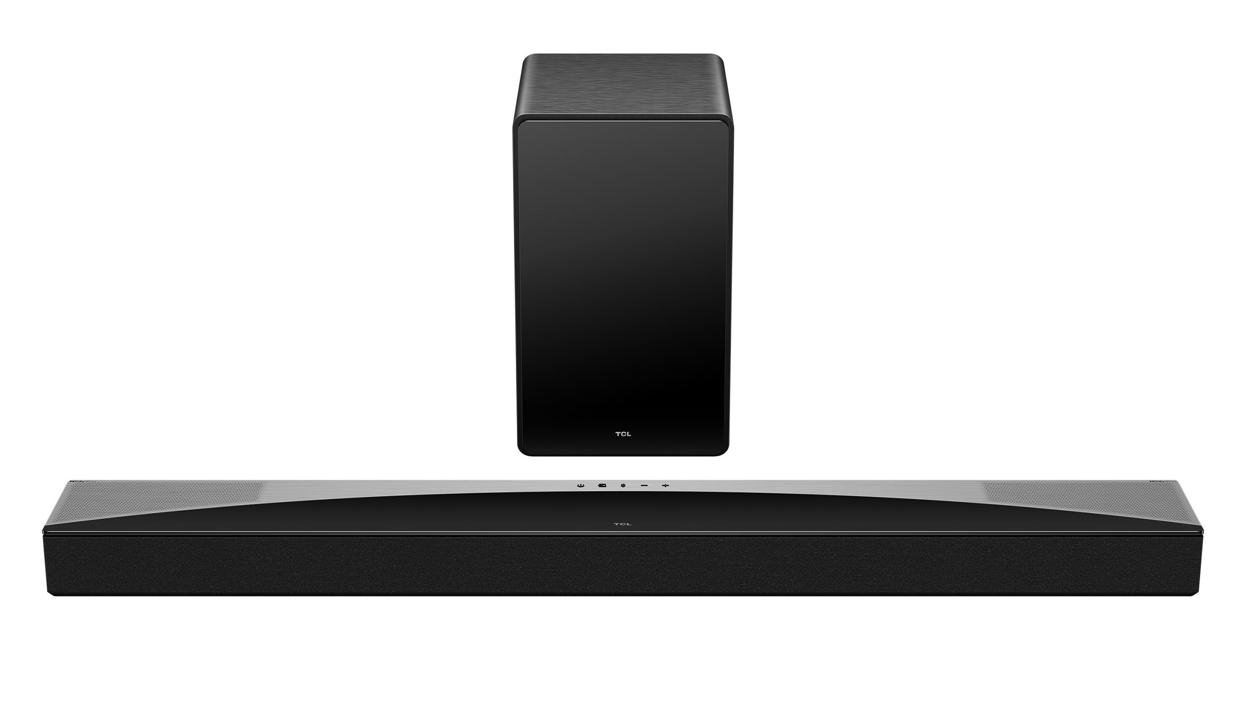 TCL Q75H soundbar and subwoofer against a white background.