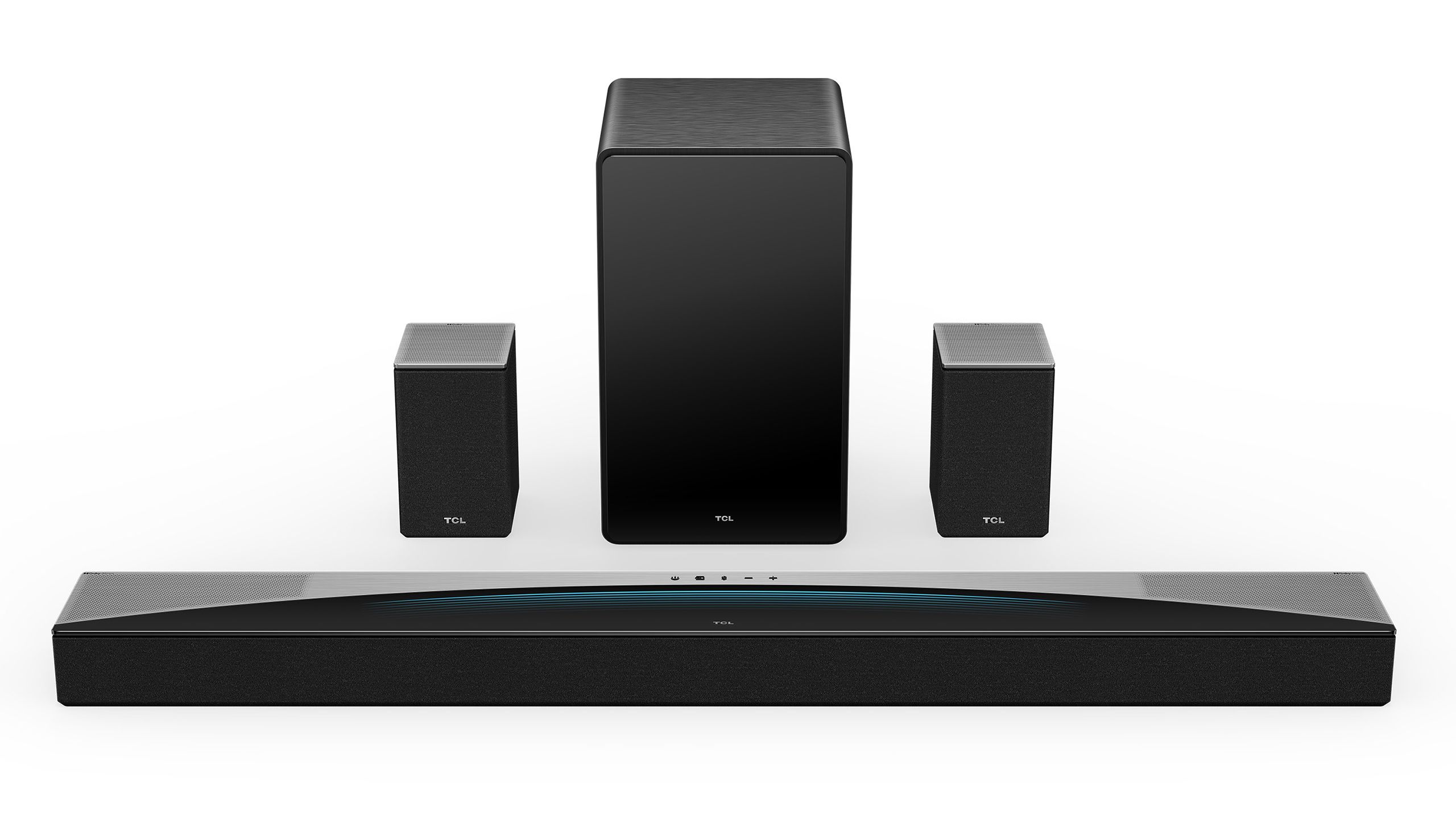 The TCL Q85H soundbar, speakers, and subwoofer on a white background.