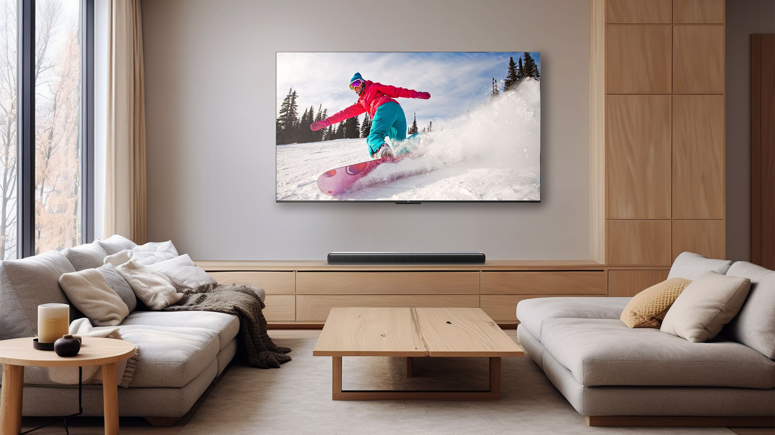 The S45H soundbar on a built-in shelf in a living room with a TV displaying a snowboarder above it. 