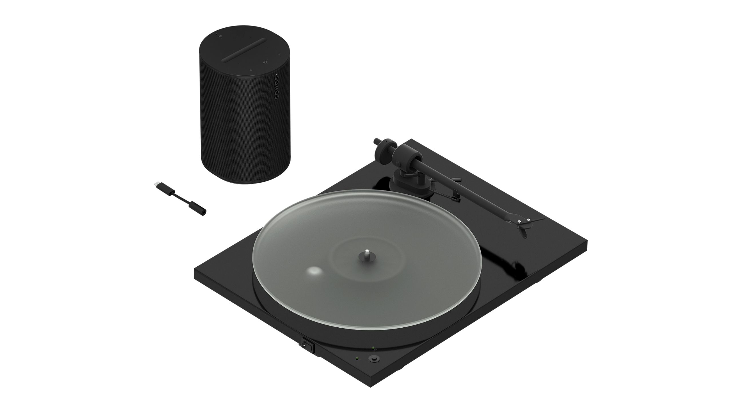 The Sonos Pro-Ject T1 Phono SB Turntable and Era 100 speaker against a white background. 