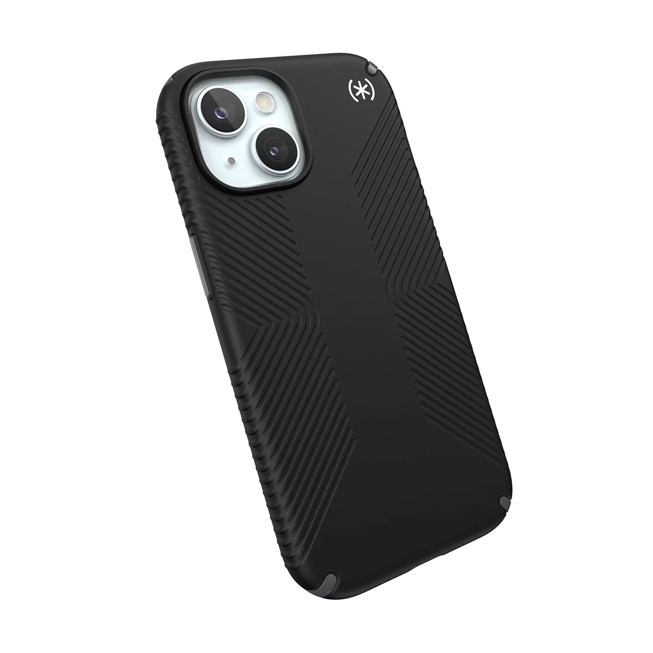 The black Speck PRESIDIO2 GRIP case for iPhone 15 against a white background. 