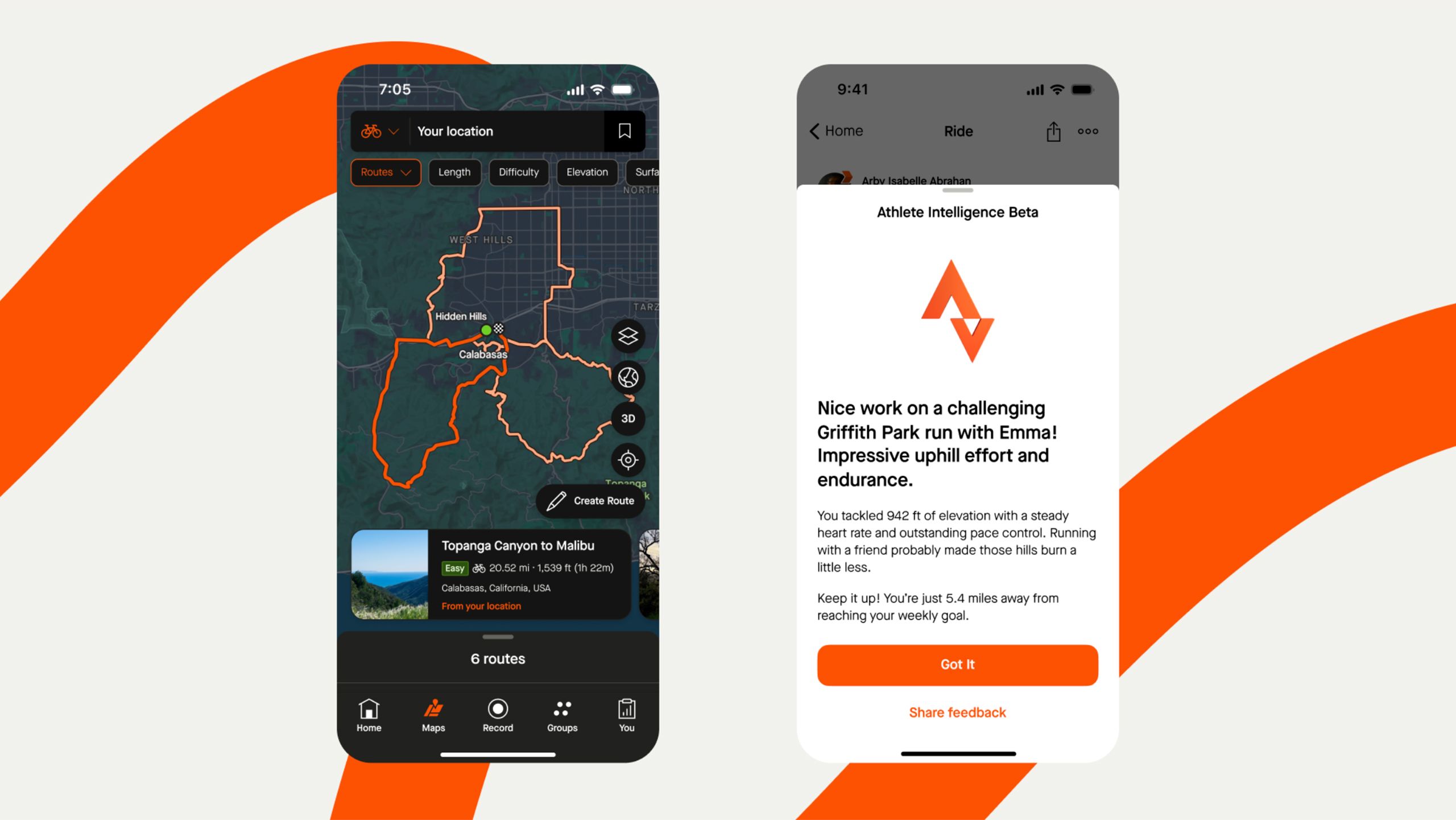 Two screenshots of the Strava app against a white background that has an orange line swirling behind the app.