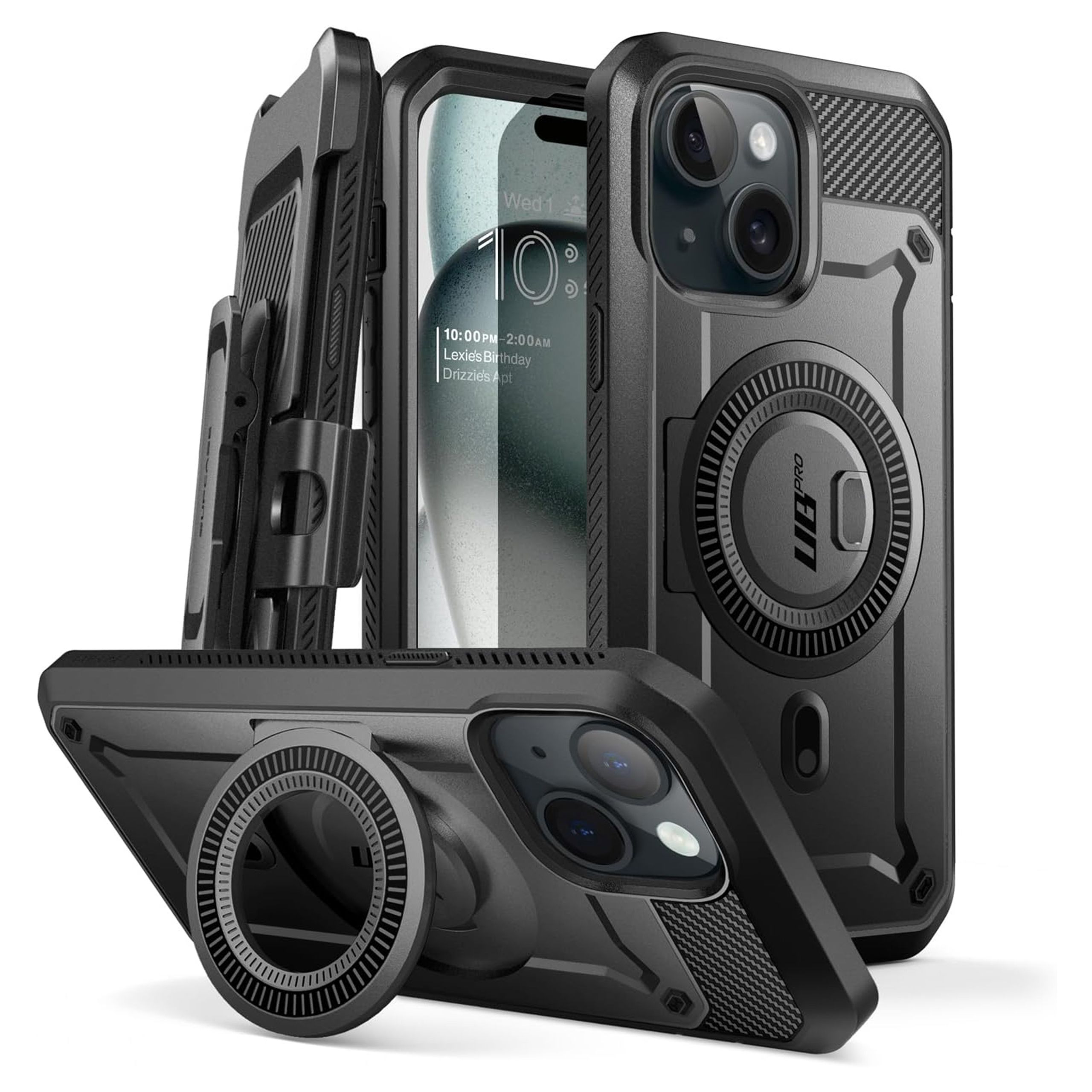 The black Supcase iPhone 15 Unicorn Beetle PRO MAG Rugged Case against a white background