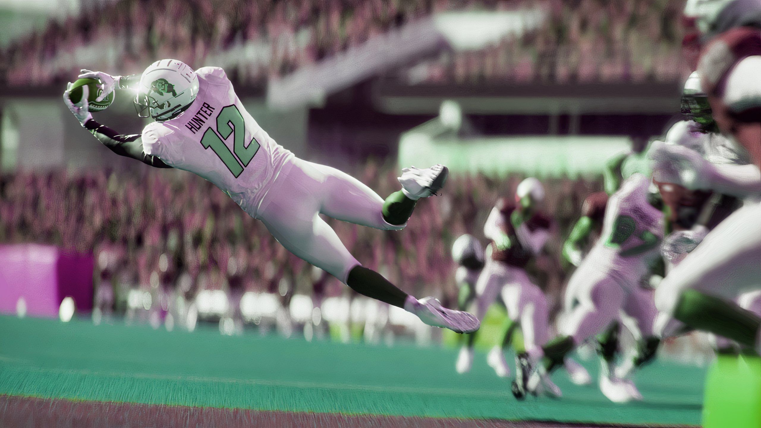 A digital football player preparing to take a pass in EA Sports College Football 25