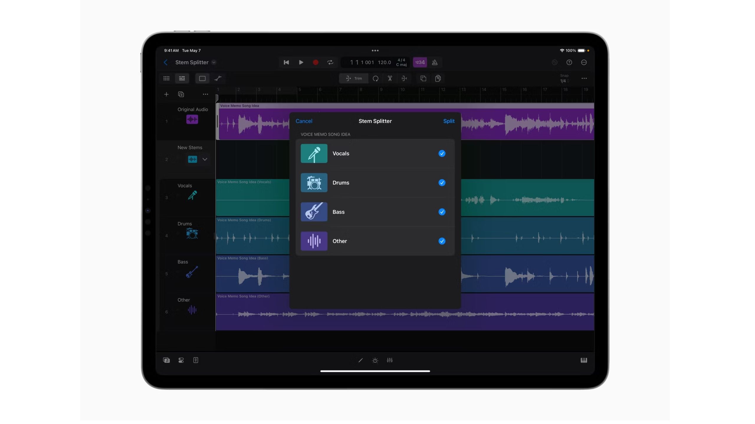 The stem splitter feature in Logic Pro for iPad 2.