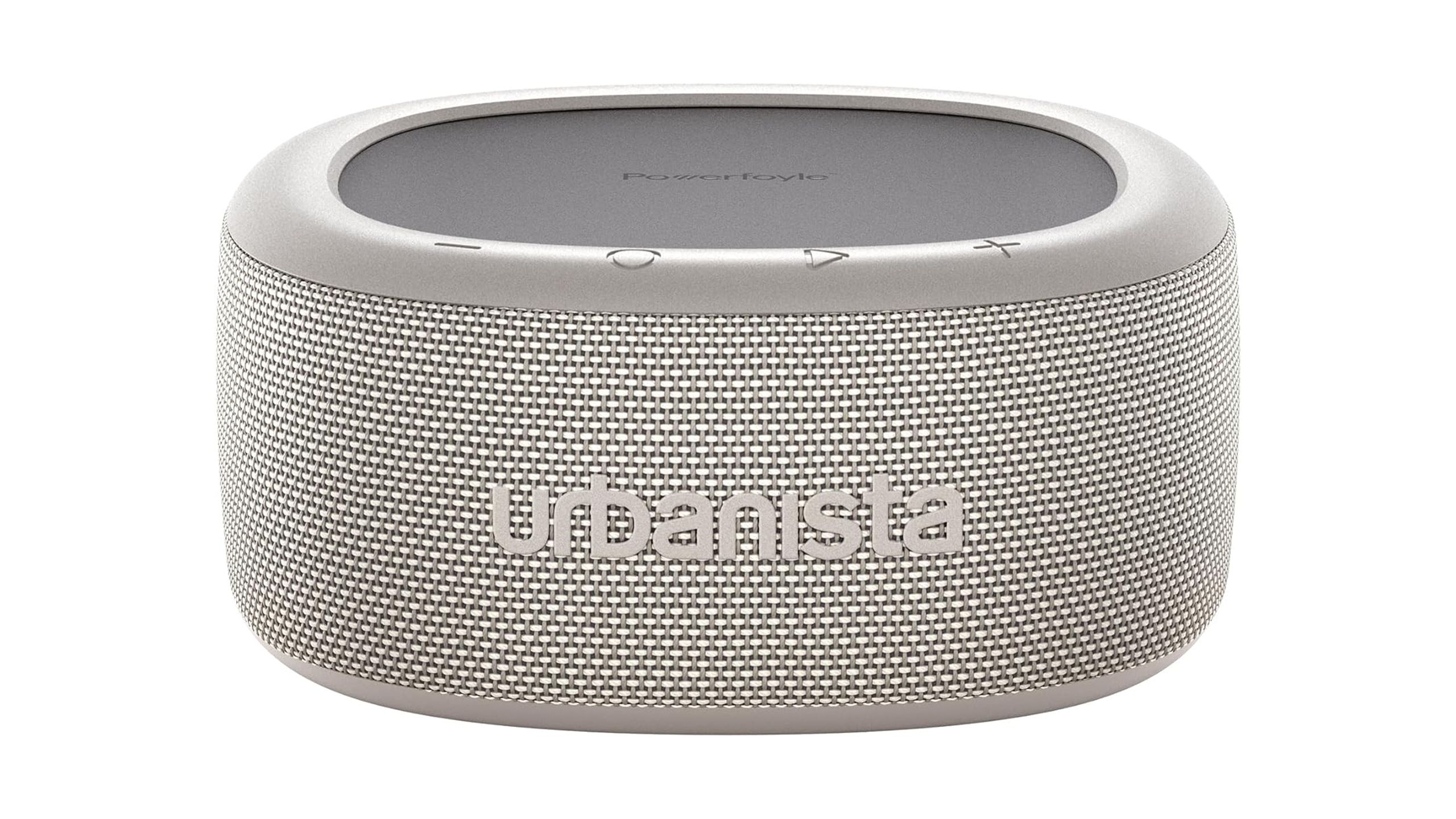 The gray Urbanista Malibu speaker against a white background. 