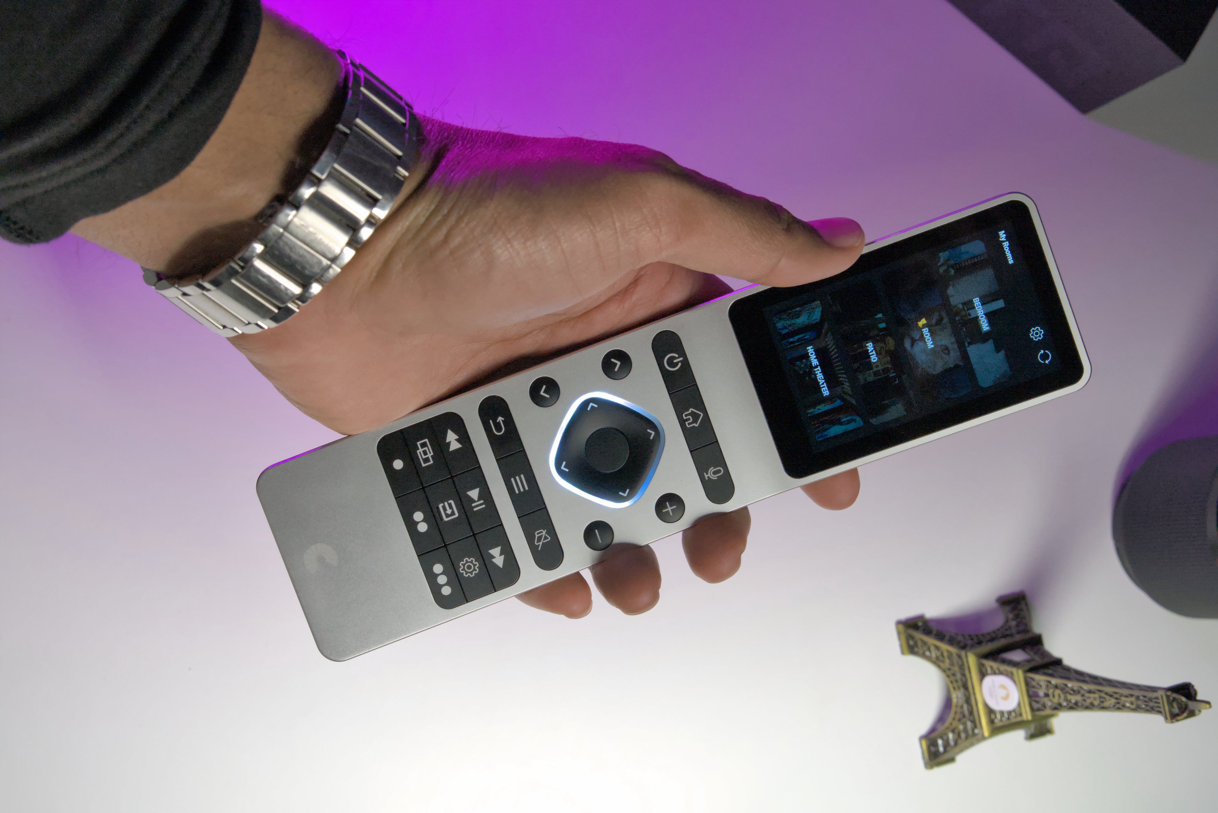 The Haptique remotes eliminate the need for a hub device by building all the necessary connectivity (IR, Bluetooth, Wi-Fi, ZigBee) directly into the remote itself.