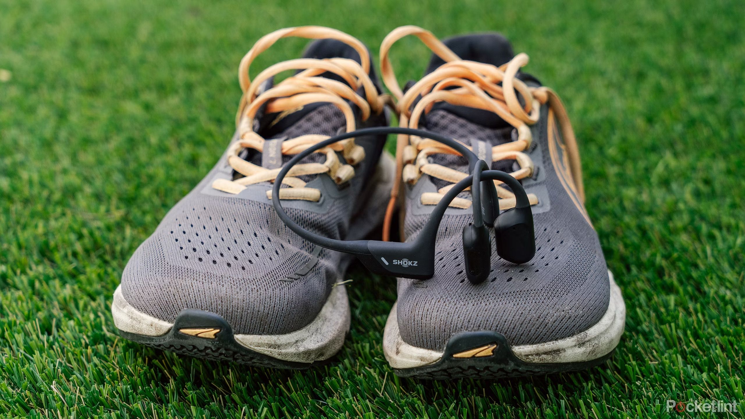 A pair of Shokz bone conduction headphones sit on a pair of gray and orange running shoes. 