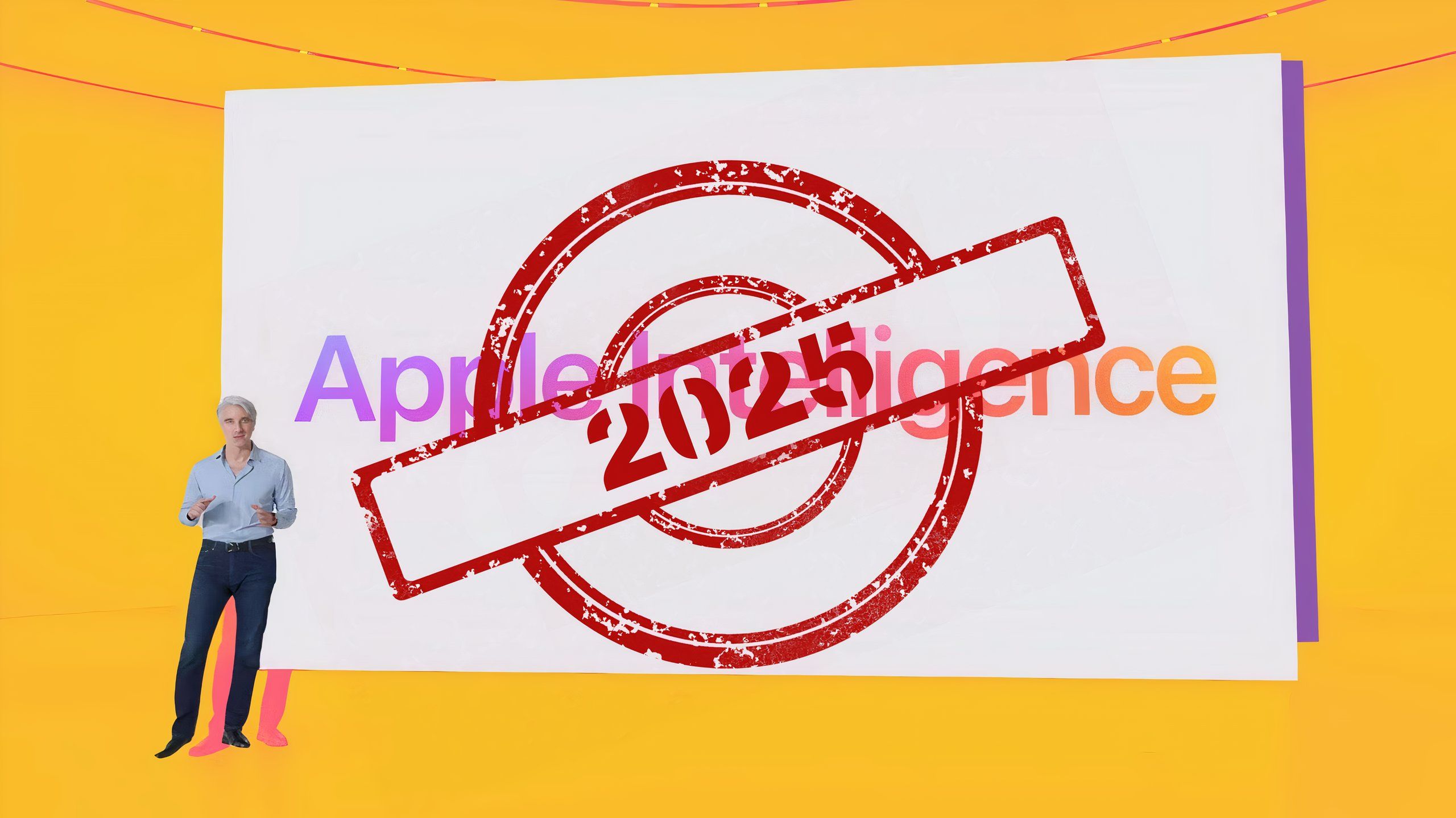 The year 2025 is stamped in red over an image from an Apple Intelligence presentation.