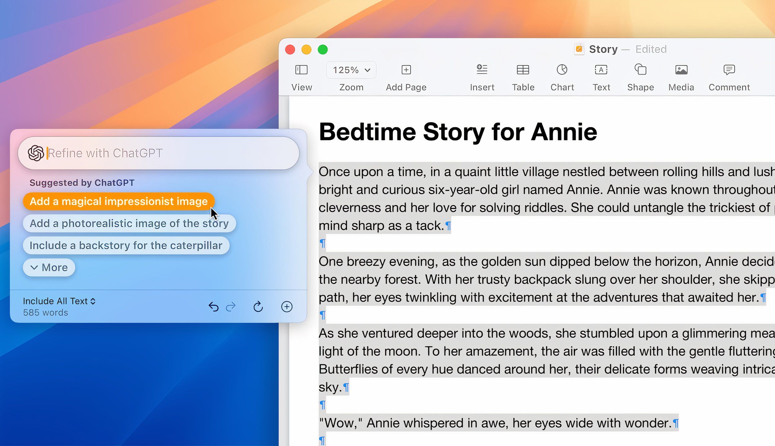 Apple Intelligence text generation in Pages.