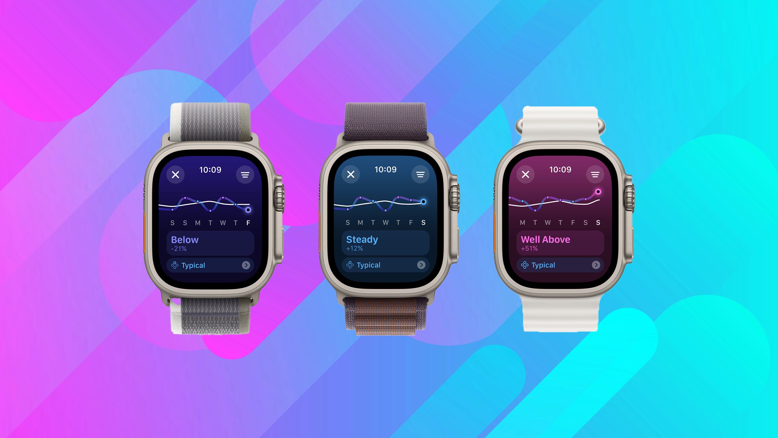 Three Apple Watches against a graphic background with a blue to pink gradient. 