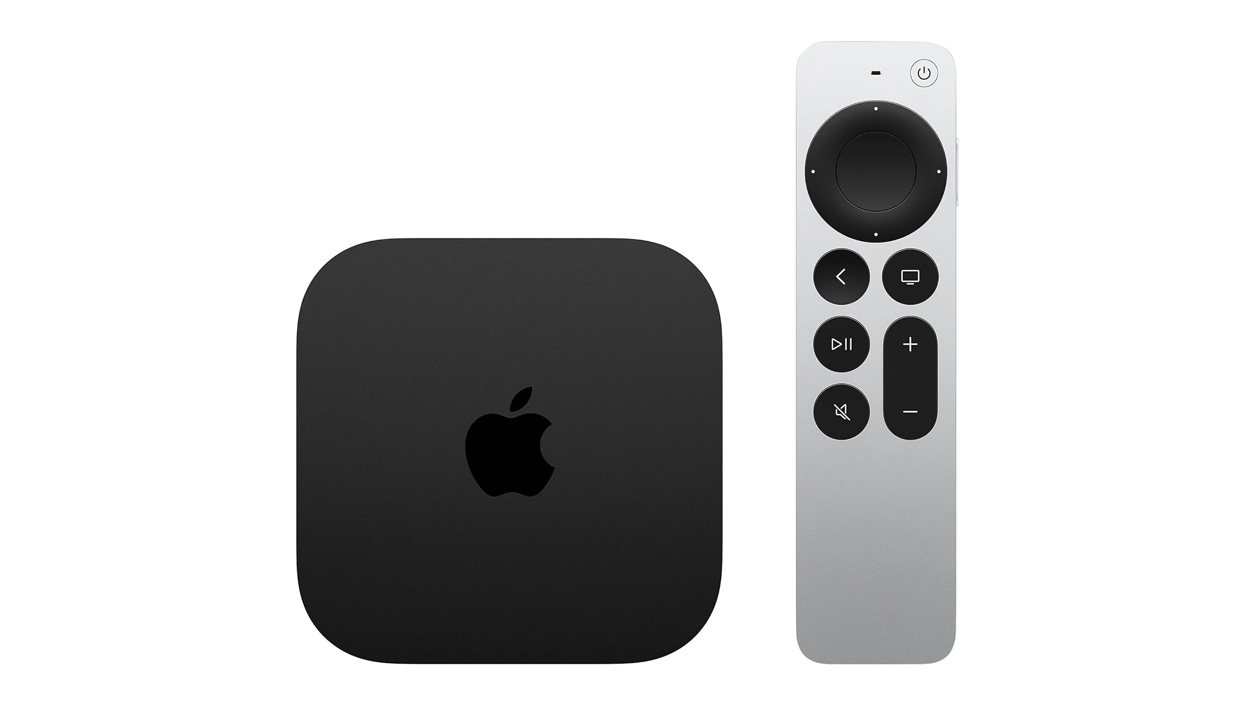 The Apple TV box and remote against a white background. 