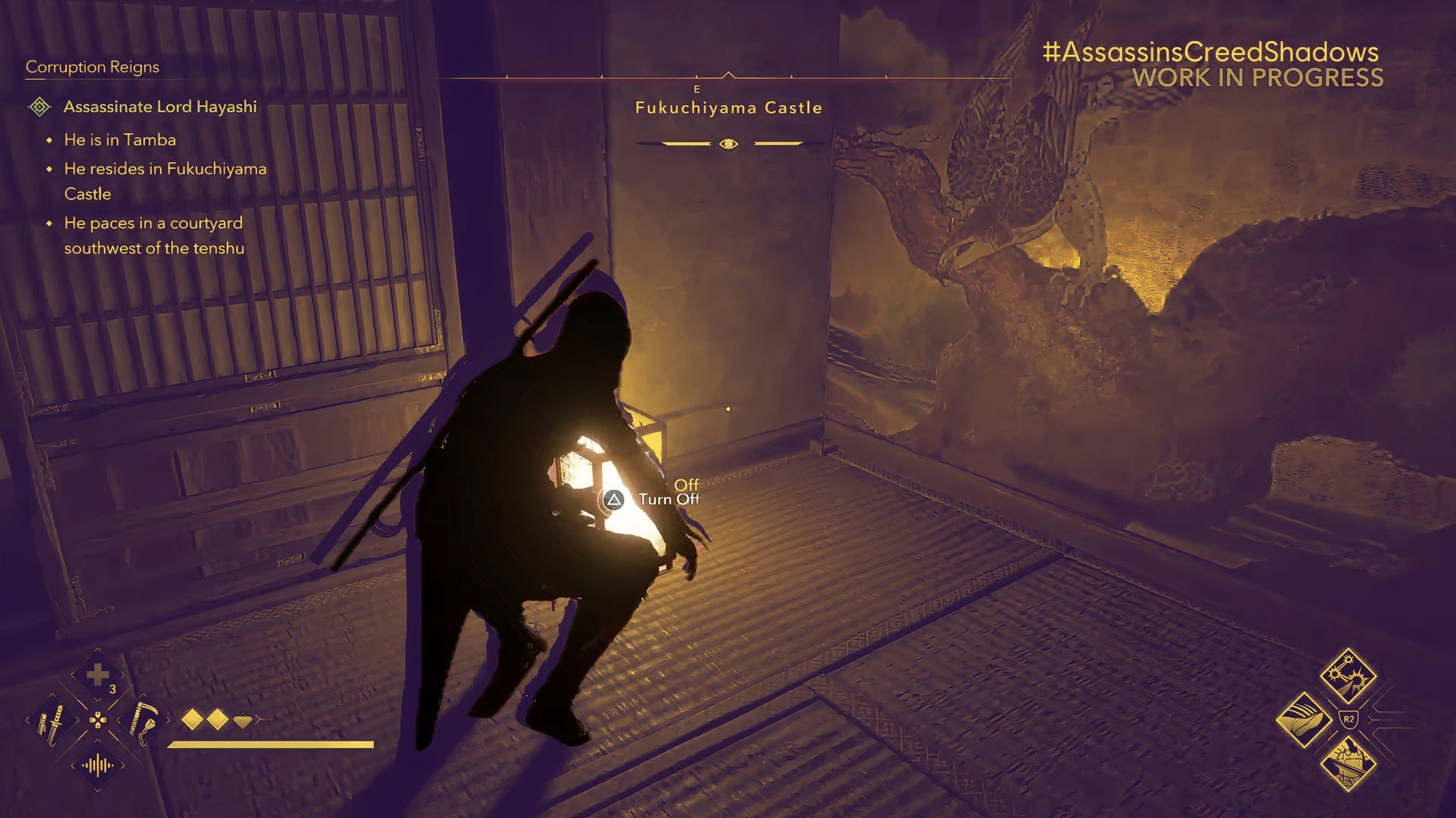 assassin's creed shadows character sneaking up to a lamp