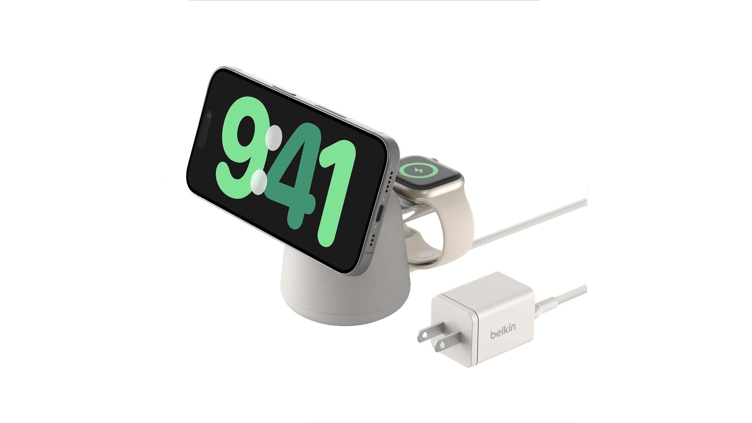 The Belkin BOOST CHARGE PRO 2-in-1 Wireless Charging Dock with MagSafe with a phone and watch against a white background.