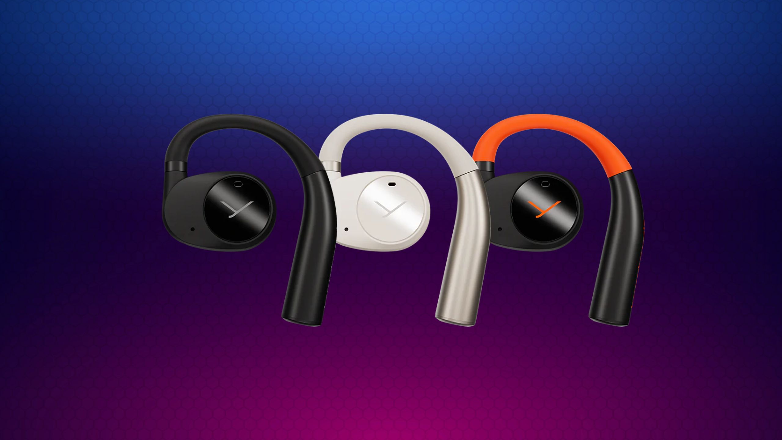 Three Beyerdynamic Vario 200 Open-Ear headphones against a blue to purple gradient. 