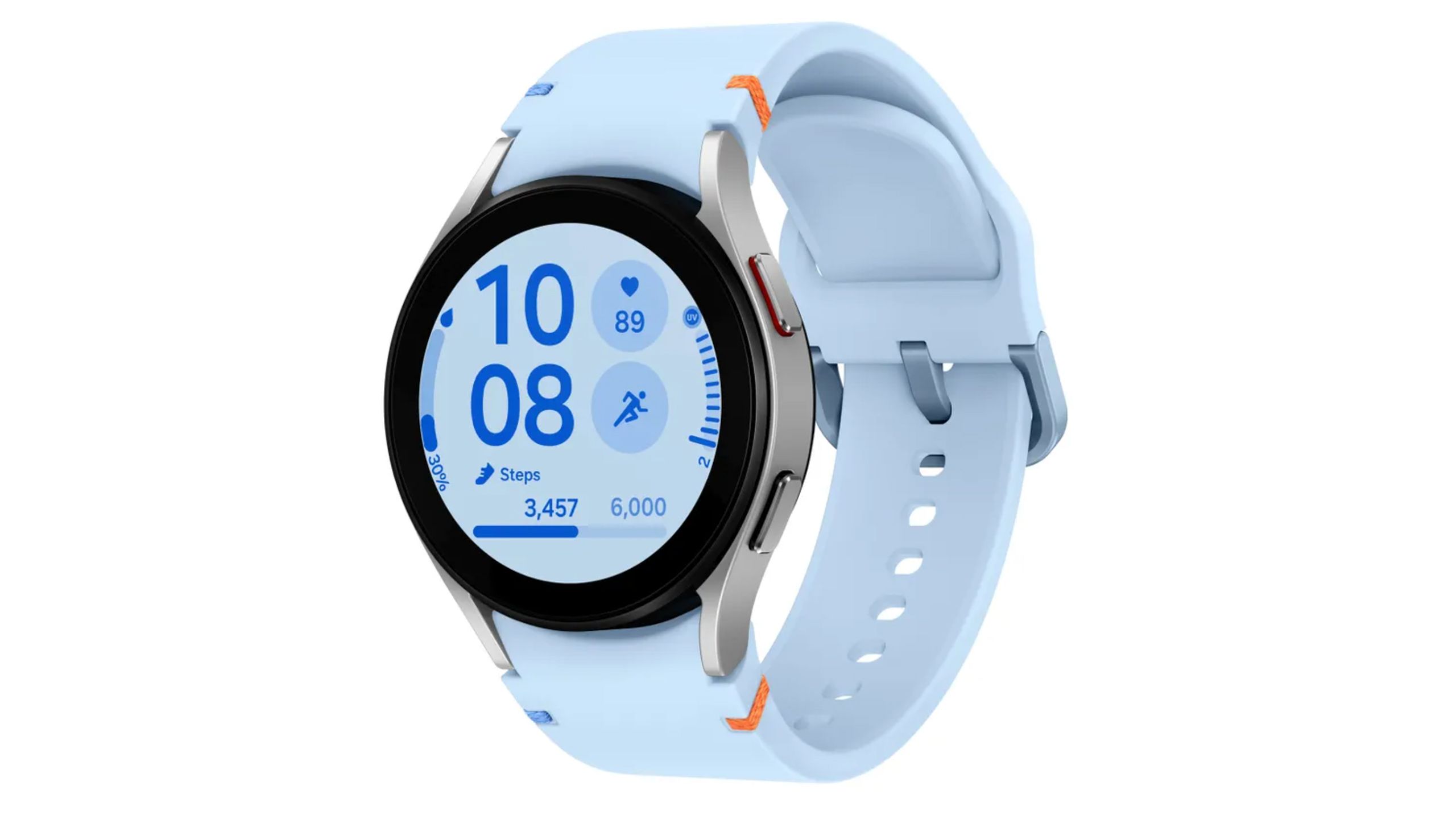 A blue Samsung Galaxy Watch FE on a white background.