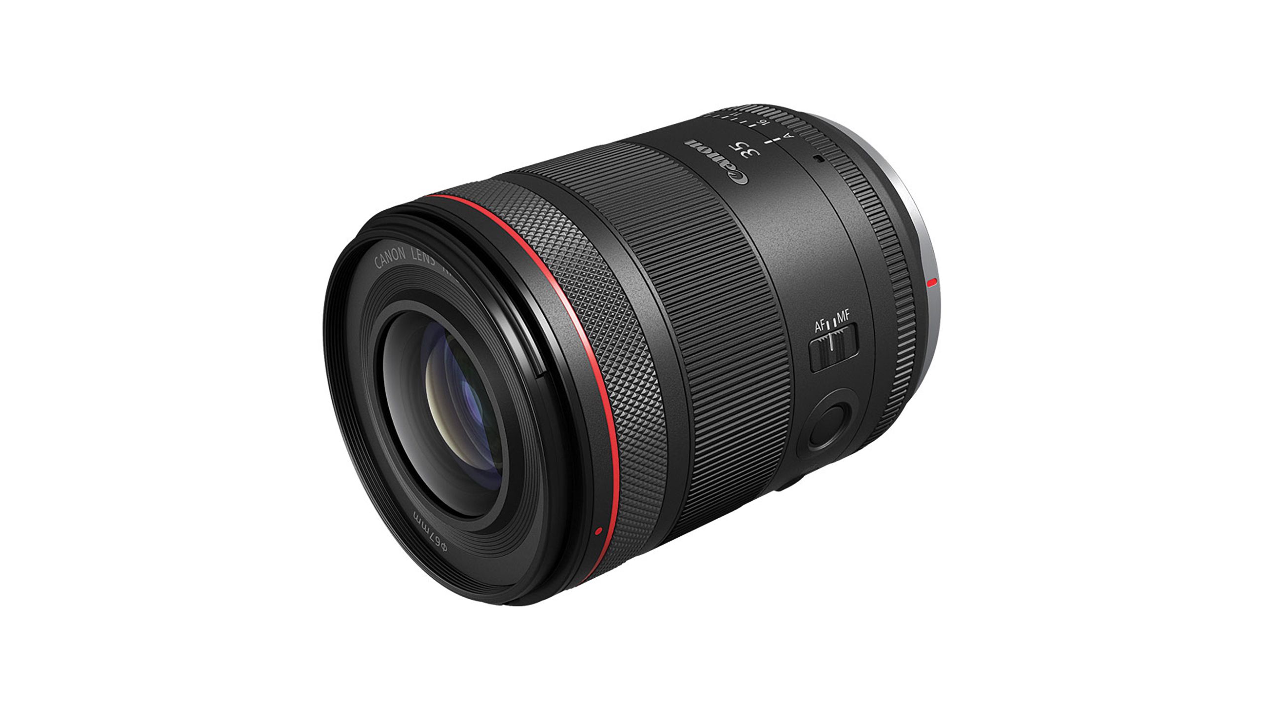 The Canon RF35mm F1.4 L VCM lens against a white background. 