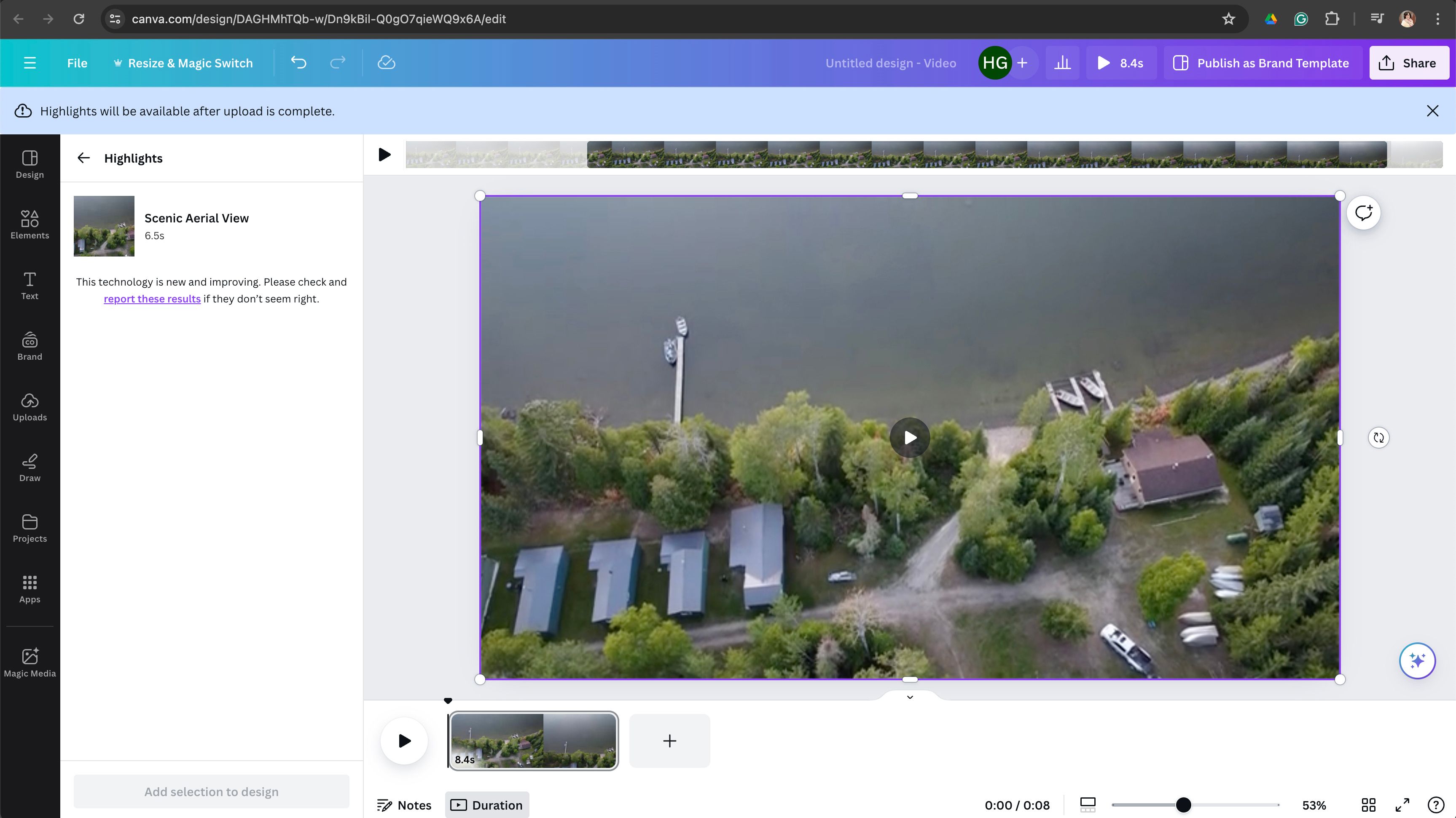 A screenshot of Canva's video highlight tool