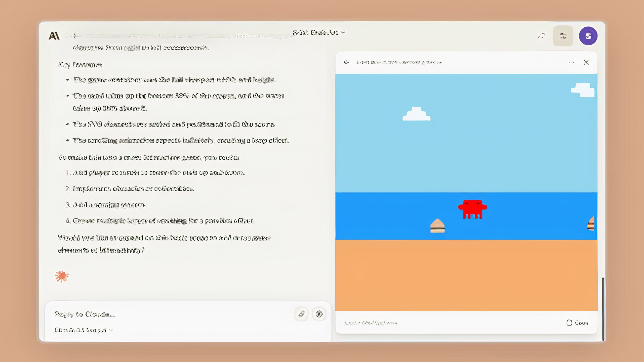 claude 3-5 artifacts view showing game running next to chat window