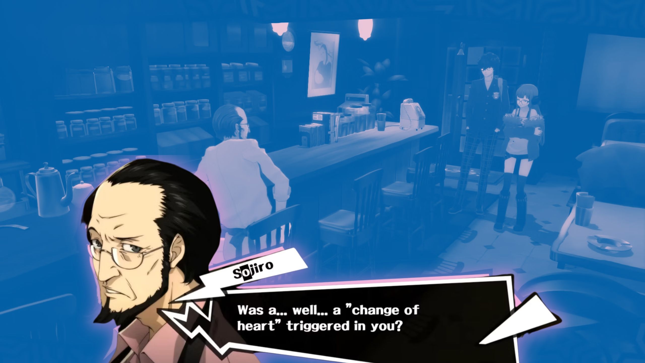 Sojiro in his cafe with Futaba and the player. 