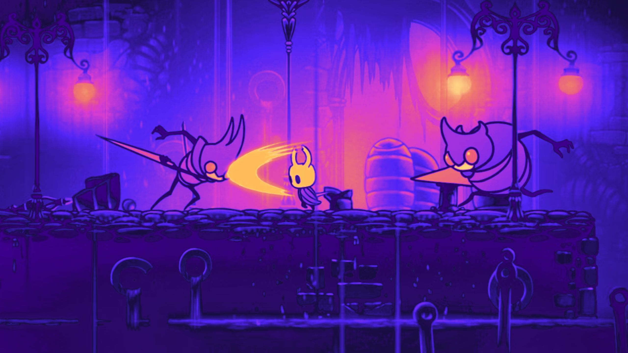 A fight scene from the game Hollow Knight