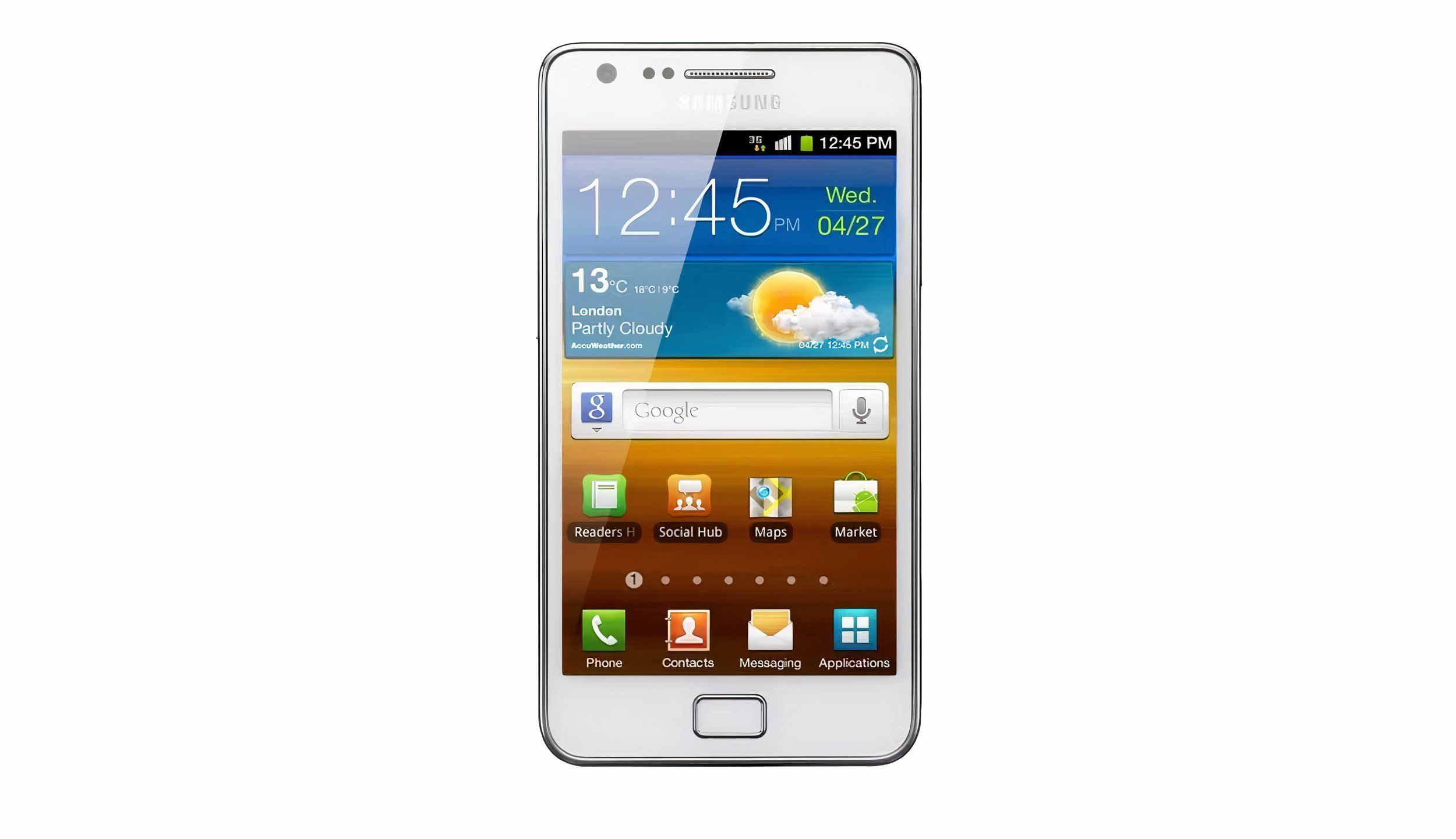 A white Samsung Galaxy S II on a white background.