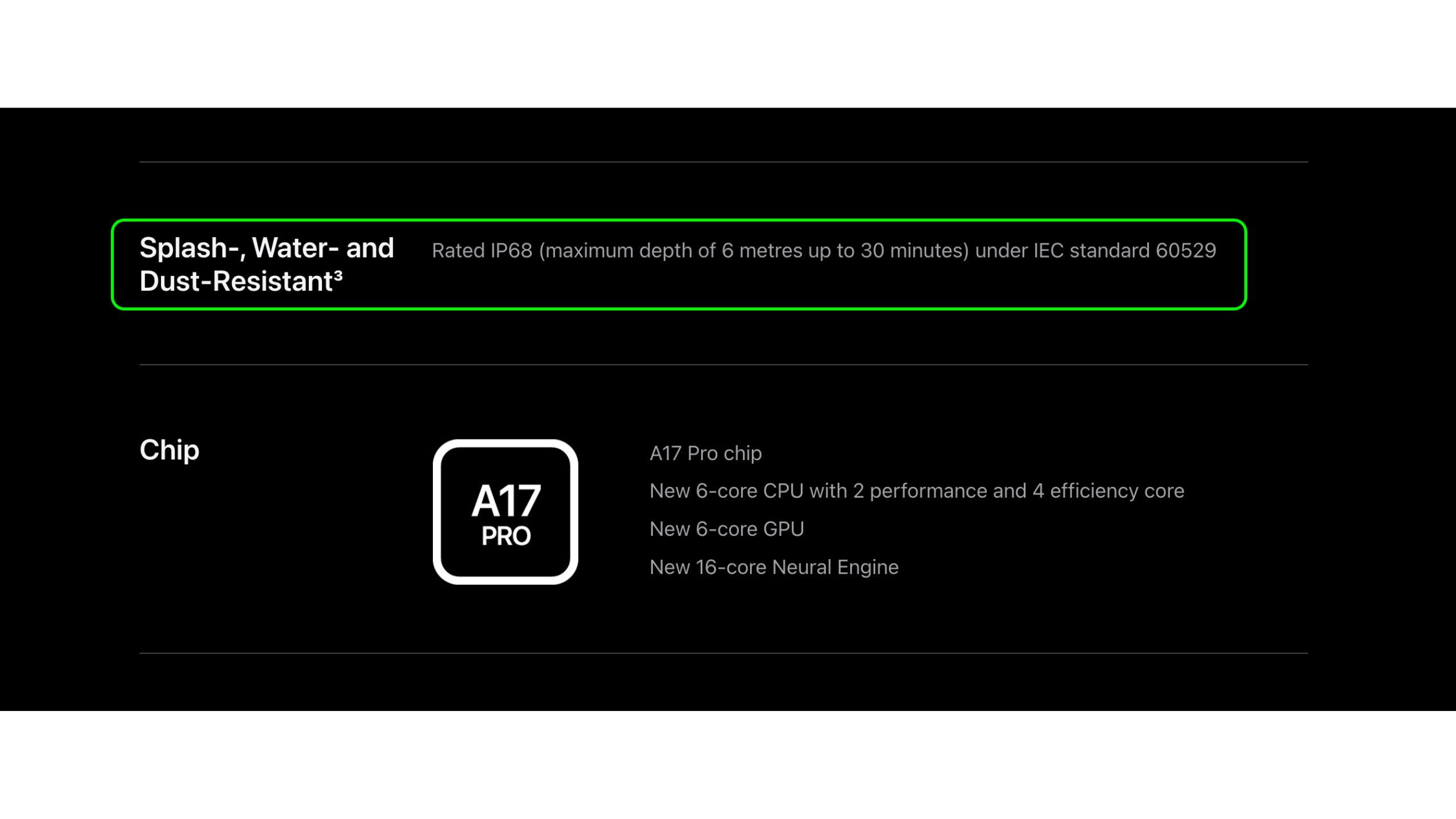 iPhone 15-Pro water resistance spec sheet