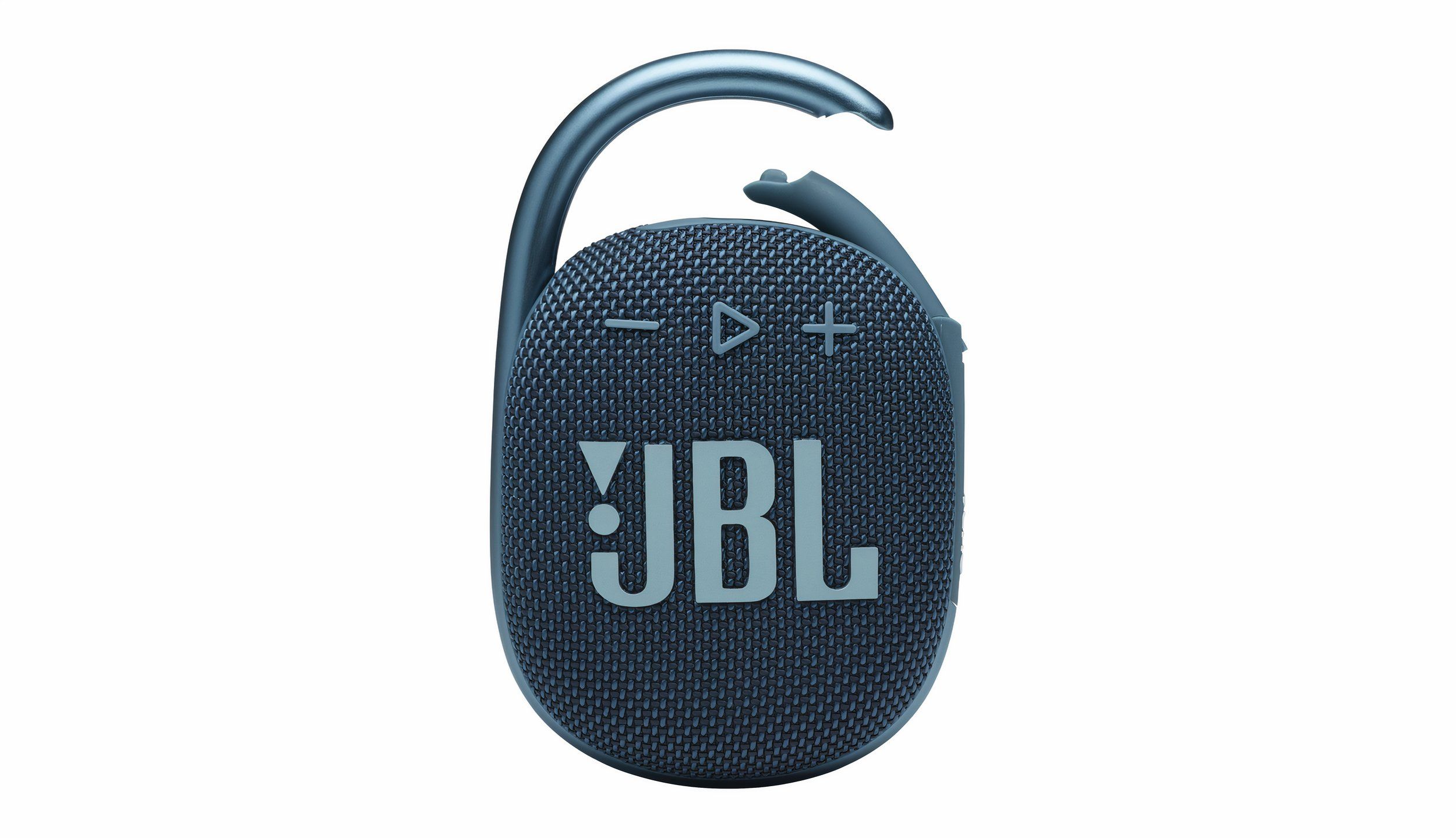 A blue JBL Clip 4 Bluetooth speaker on a white background.