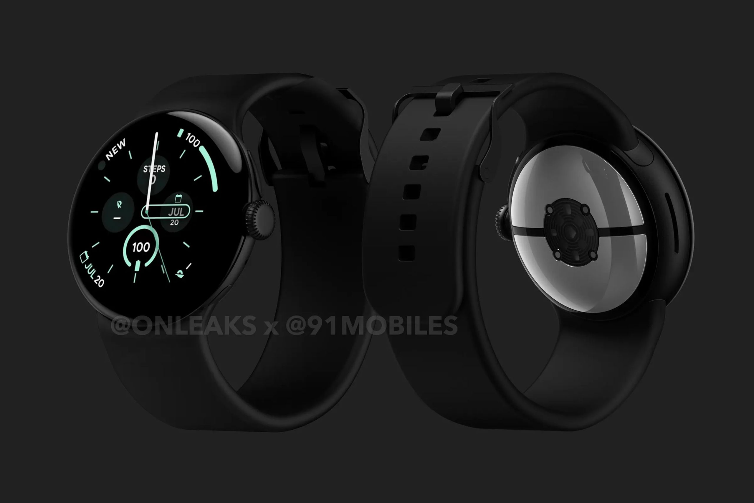 A rendering of two angles of the Google Pixel Watch 3. 