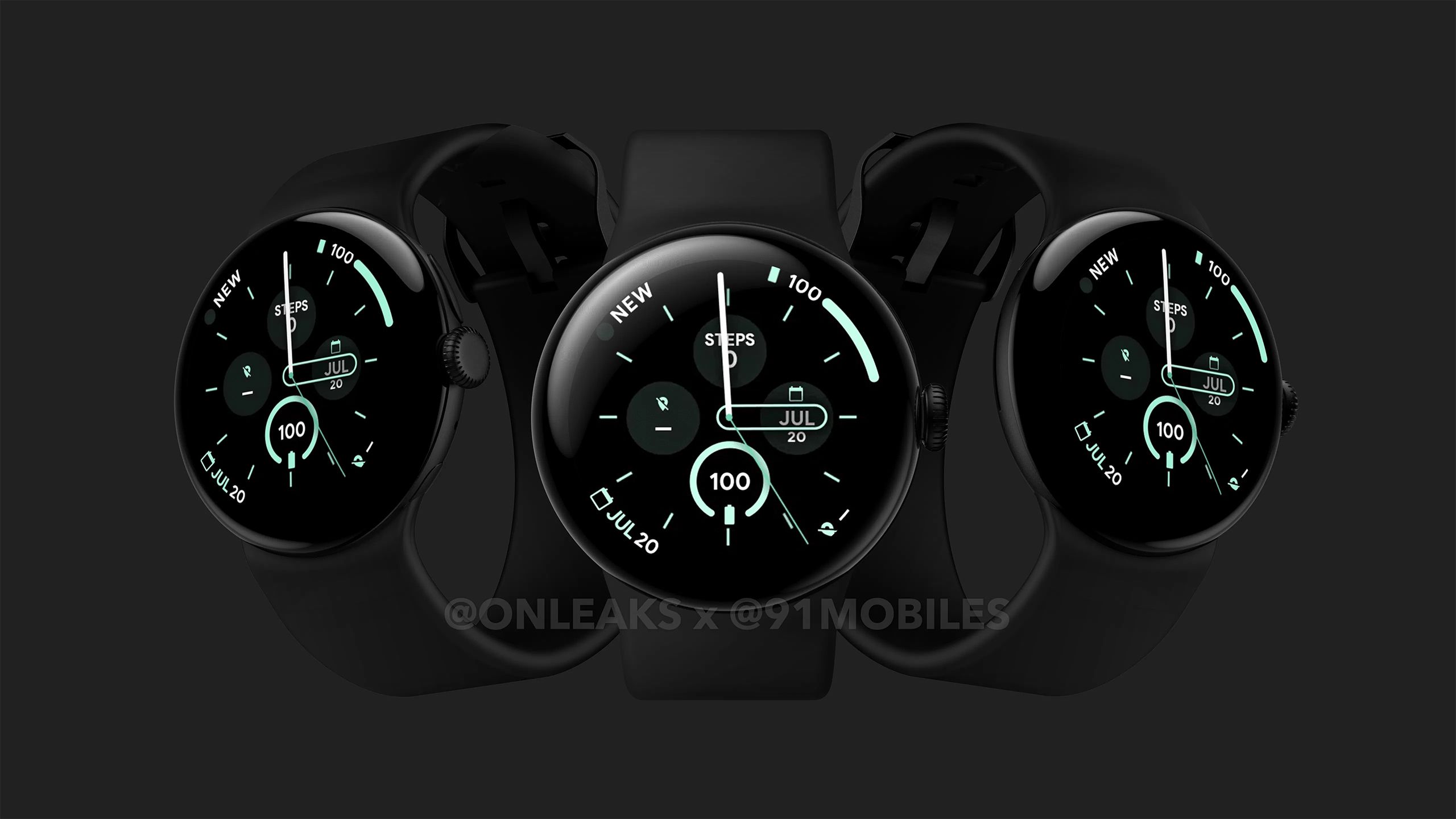 A rendering of three angles of the Google Pixel Watch 3. 