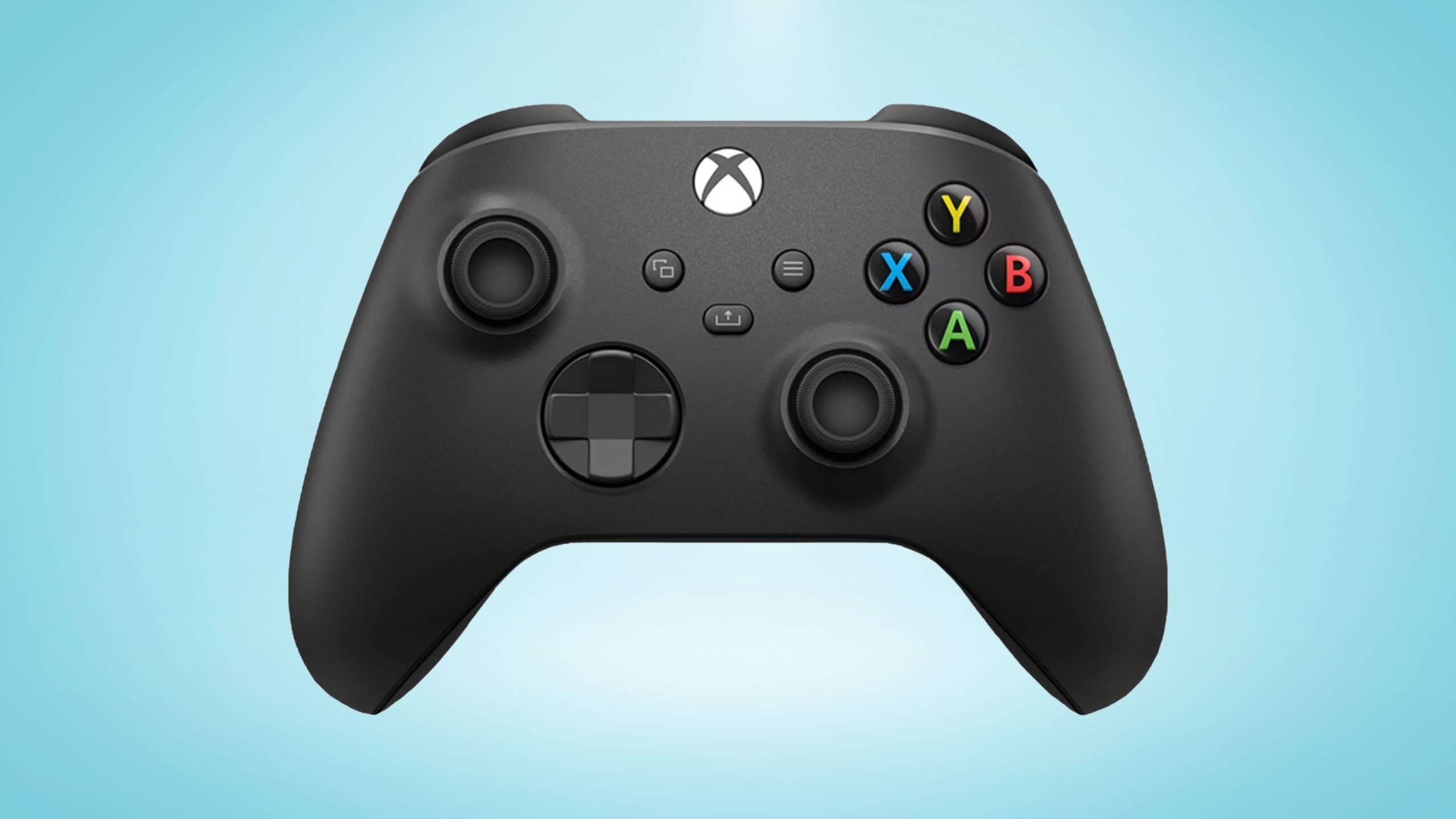 Xbox Series X Wireless Controller against a blue background. 