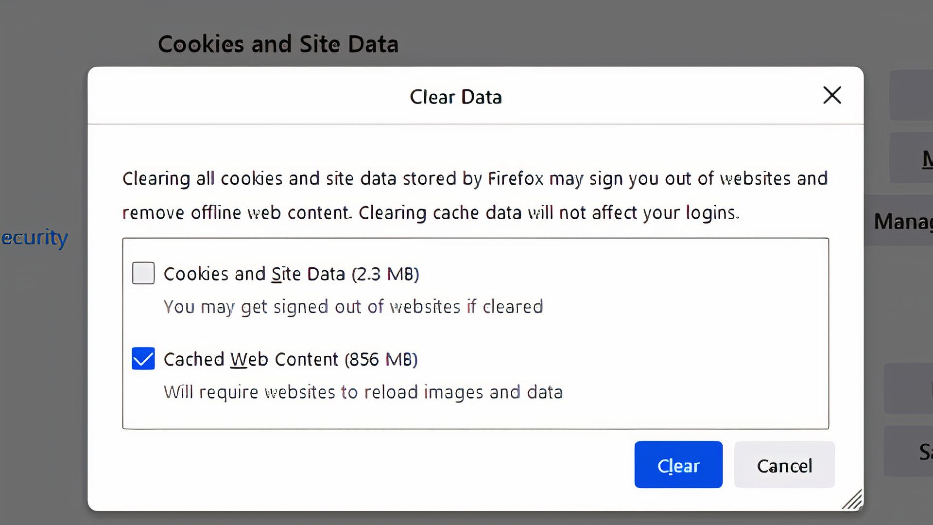 Clearing browser data in Mozilla Firefox for Windows.