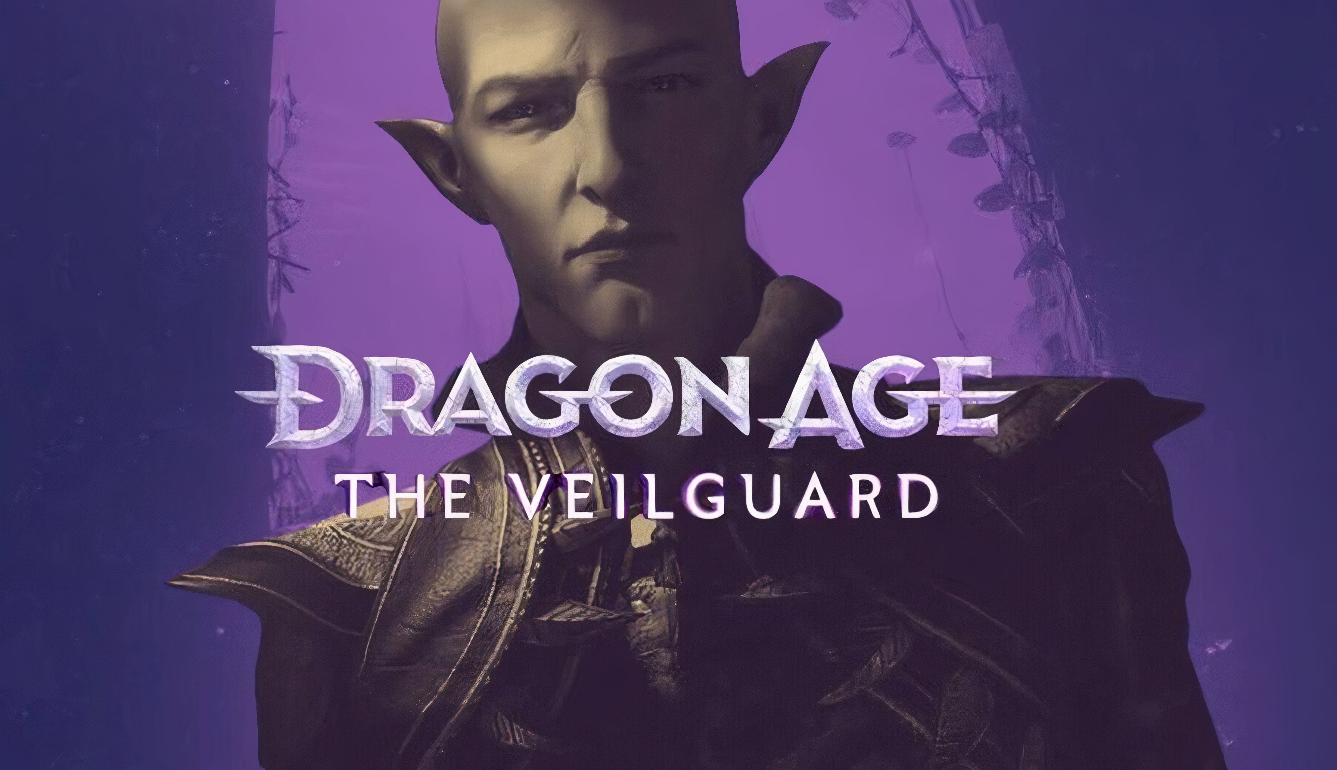 An image of Solas from the Dragon Age series with the Dragon Age: The Veilguard official logo overlaid