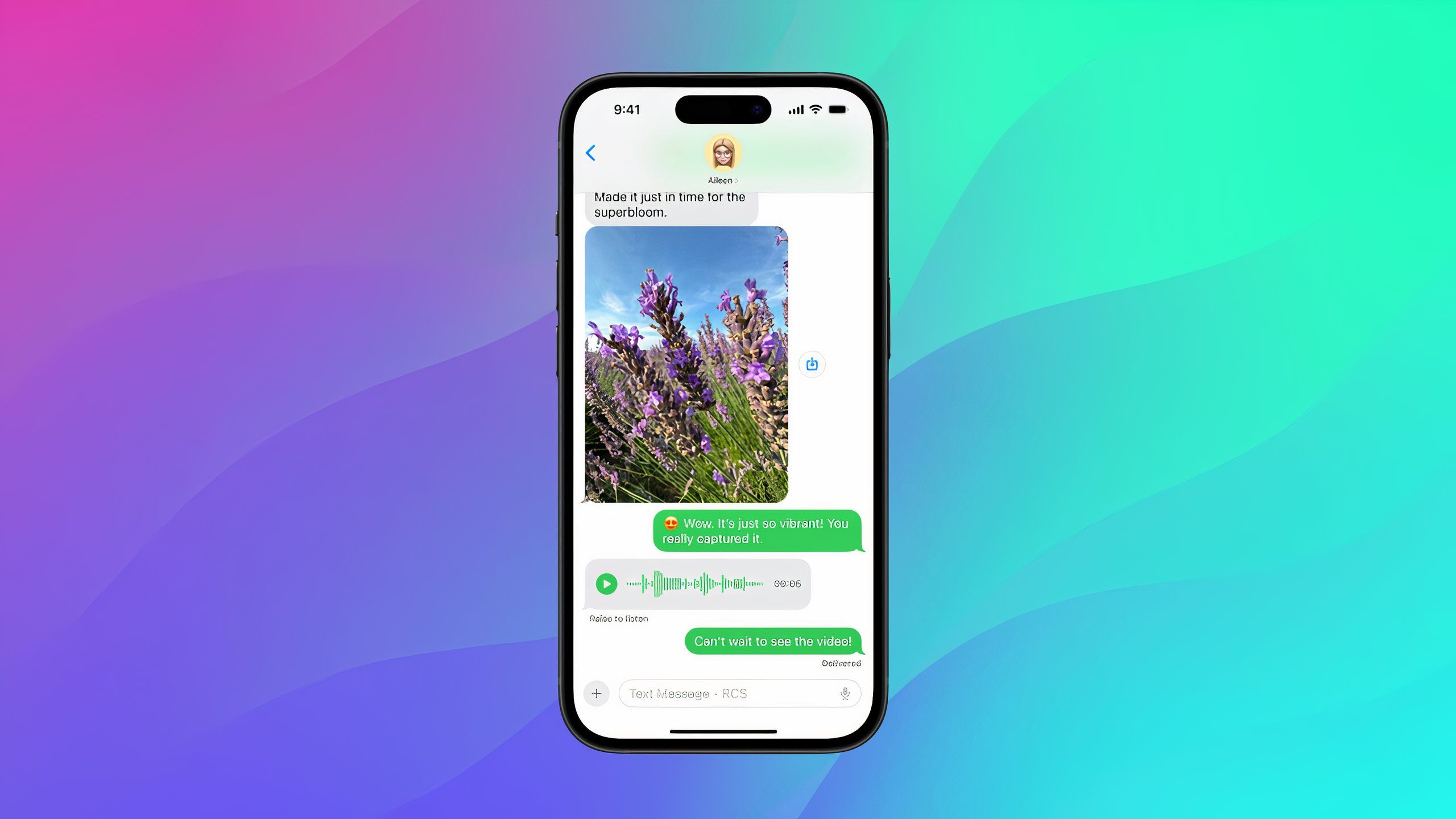 rcs messaging in Messages app on iPhone against colored background