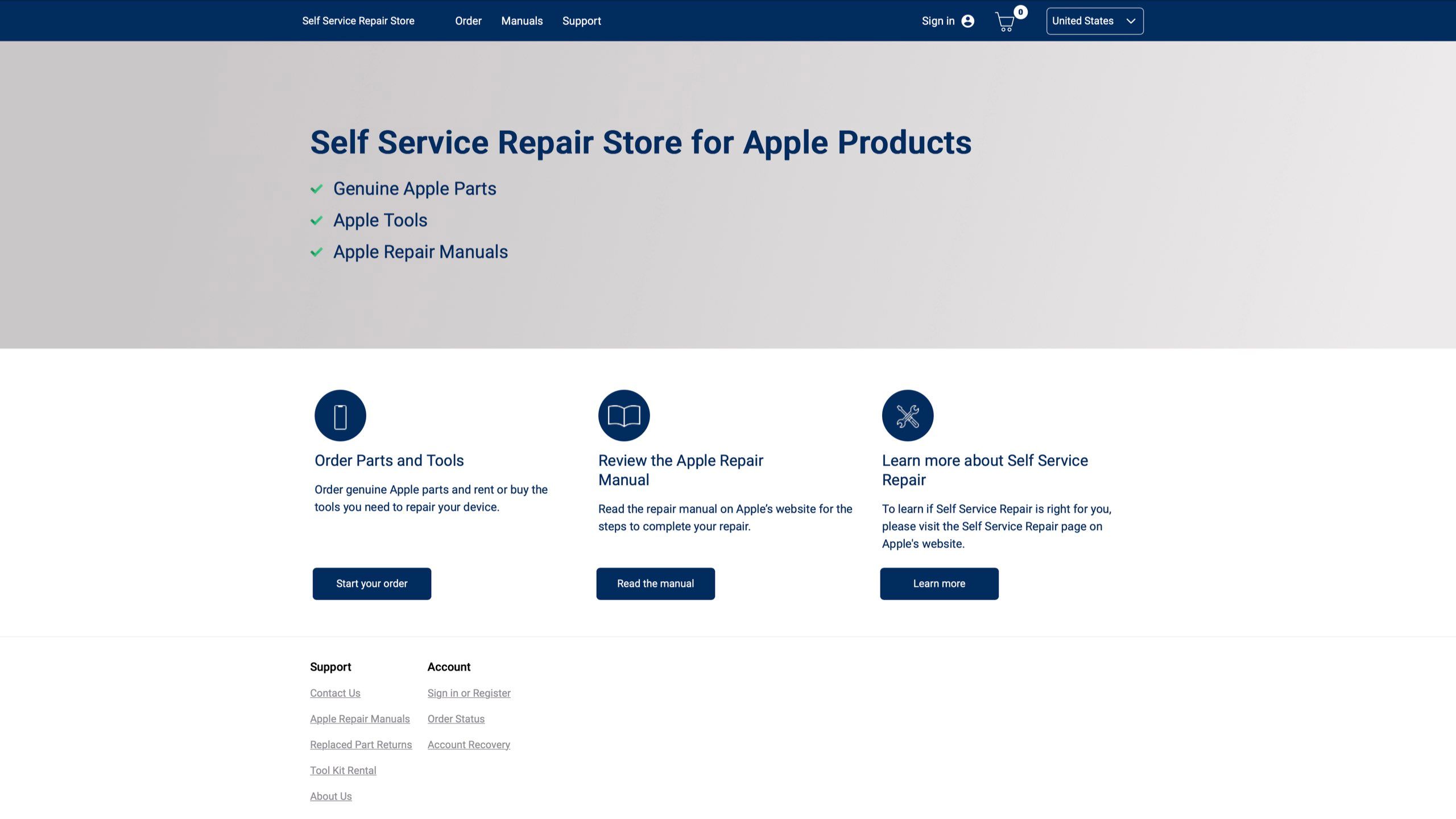 ایپل مصنوعات کی ویب سائٹ کے لیے سیلف سروس ریپئر اسٹور کا اسکرین شاٹ۔
